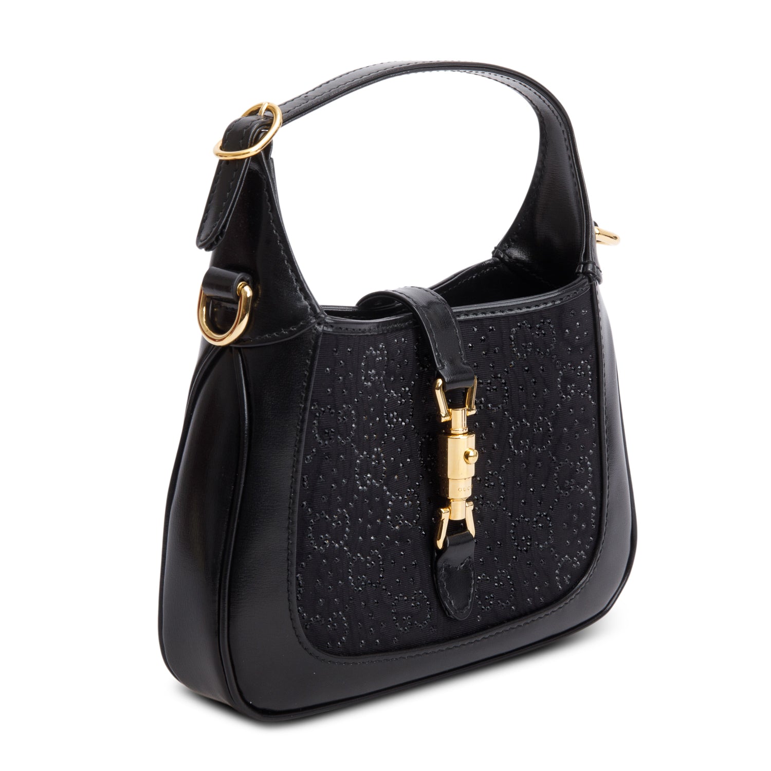 Gucci Black New Canvas Charisma Calfskin Crystal GG Monogram Mini Jackie 1961 w/ Box & Strap