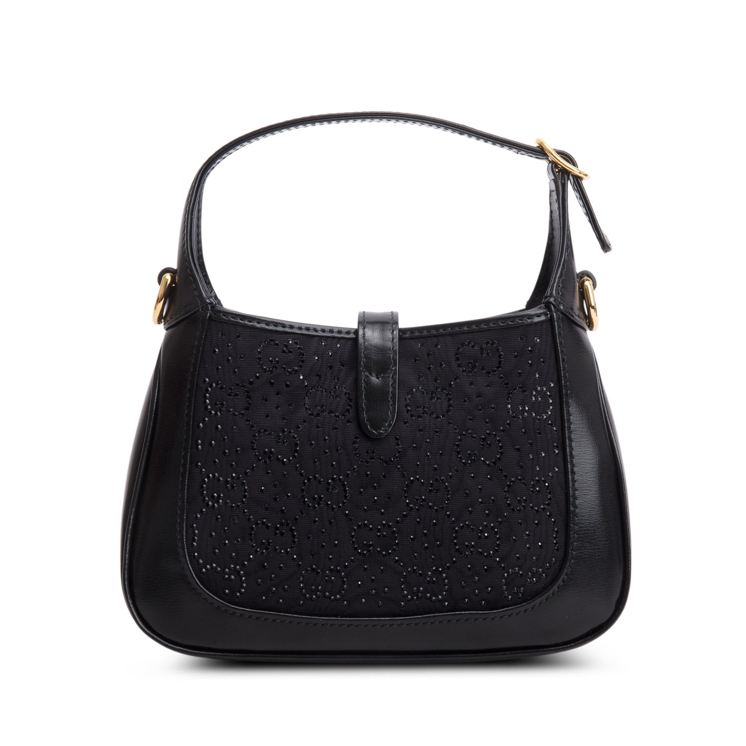 Gucci Black New Canvas Charisma Calfskin Crystal GG Monogram Mini Jackie 1961 w/ Box & Strap