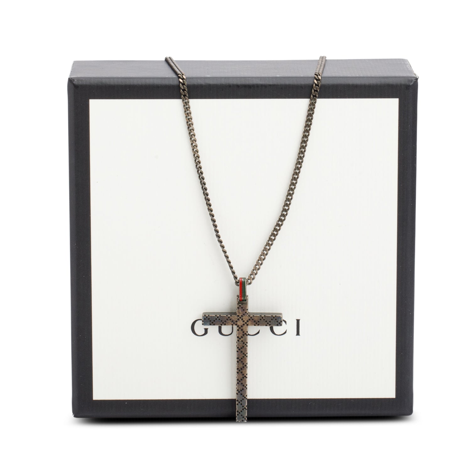 Gucci Sterling Silver Enamel Diamantissima Cross Pendant Necklace w/ Box