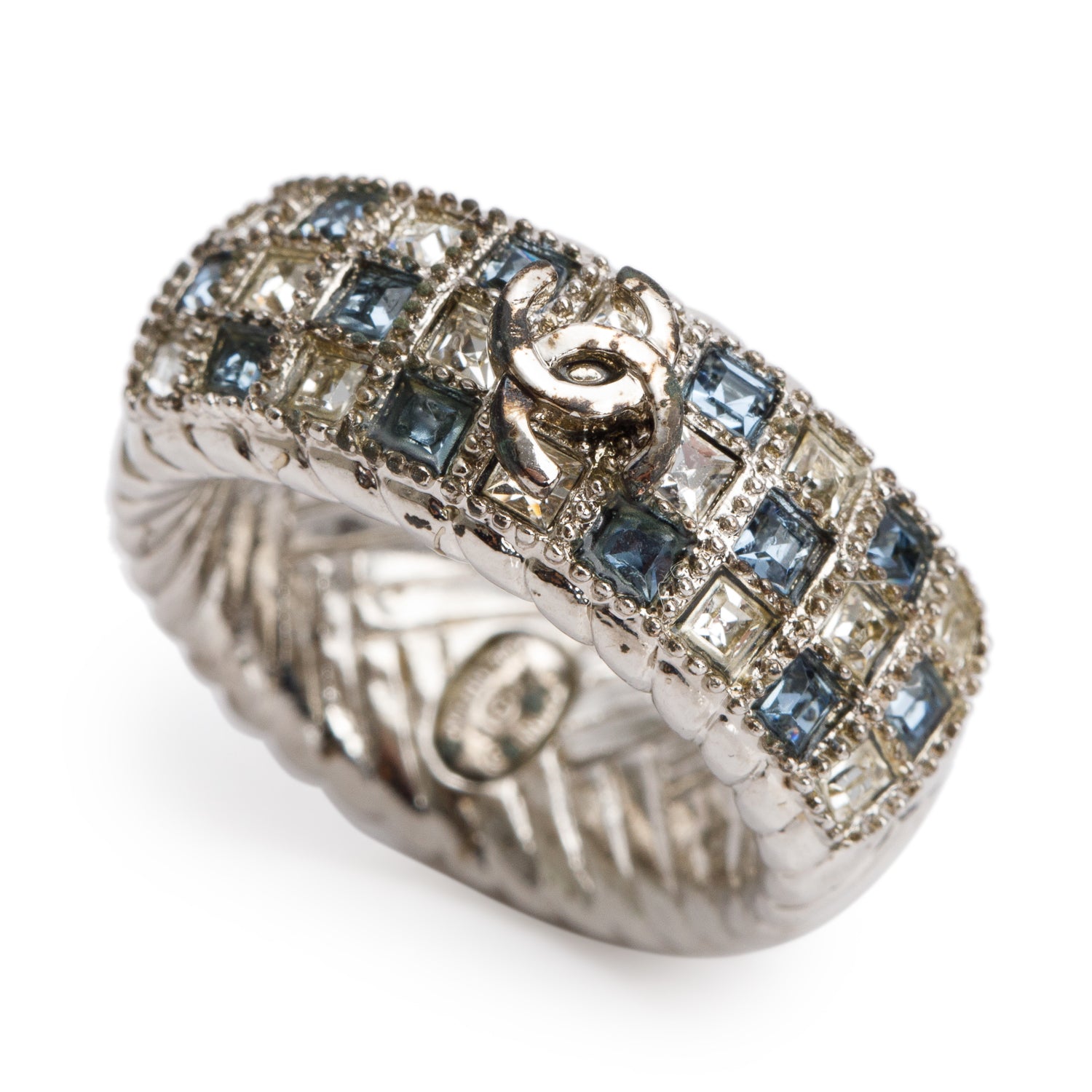 Chanel Palladium Plated Strass CC Band Ring, Size 6.75 w/ Box