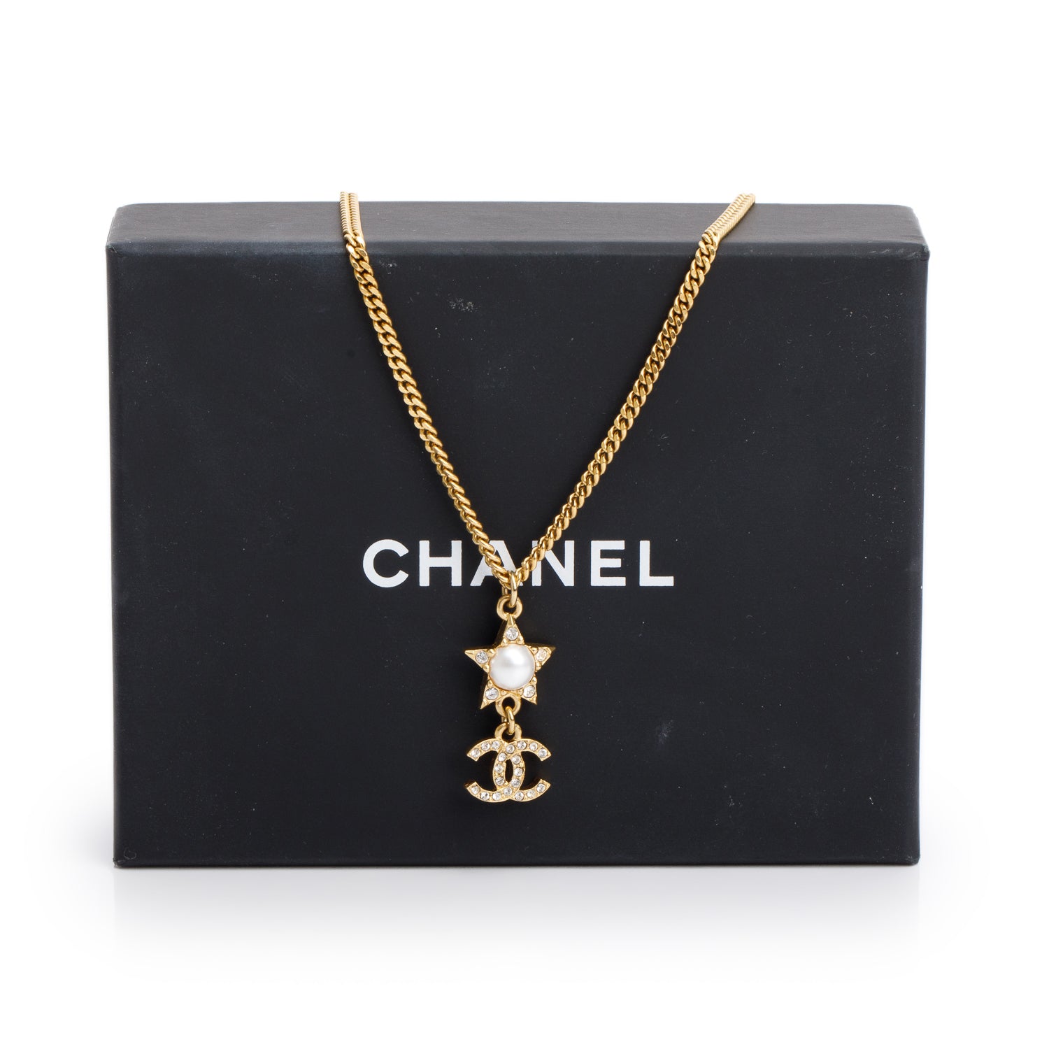Chanel 2024 Gold-Plated Faux Pearl & Strass Star CC Pendant Necklace w/ Box