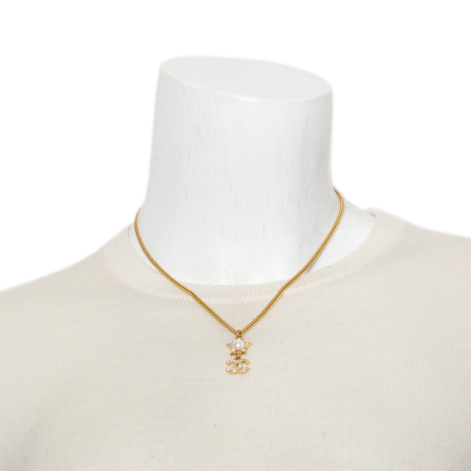 Chanel 2024 Gold-Plated Faux Pearl & Strass Star CC Pendant Necklace w/ Box