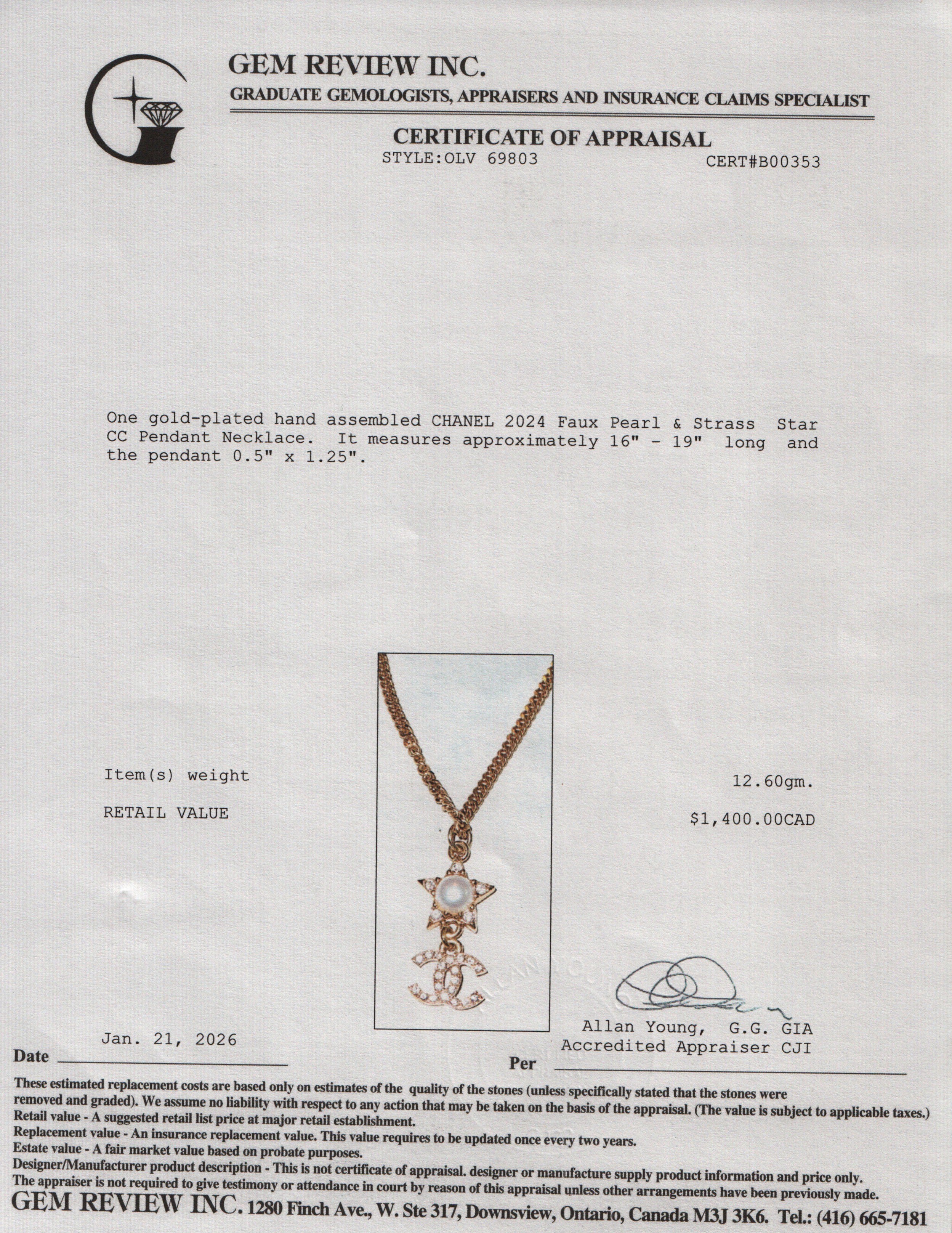 Chanel 2024 Gold-Plated Faux Pearl & Strass Star CC Pendant Necklace w/ Box