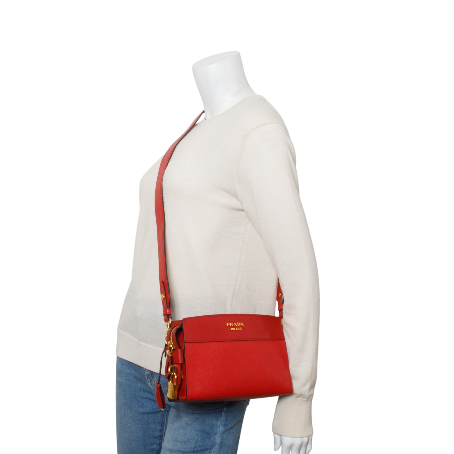 Prada Red Saffiano City Calfskin Esplanade Small Shoulder Bag w/ Authenticity Card