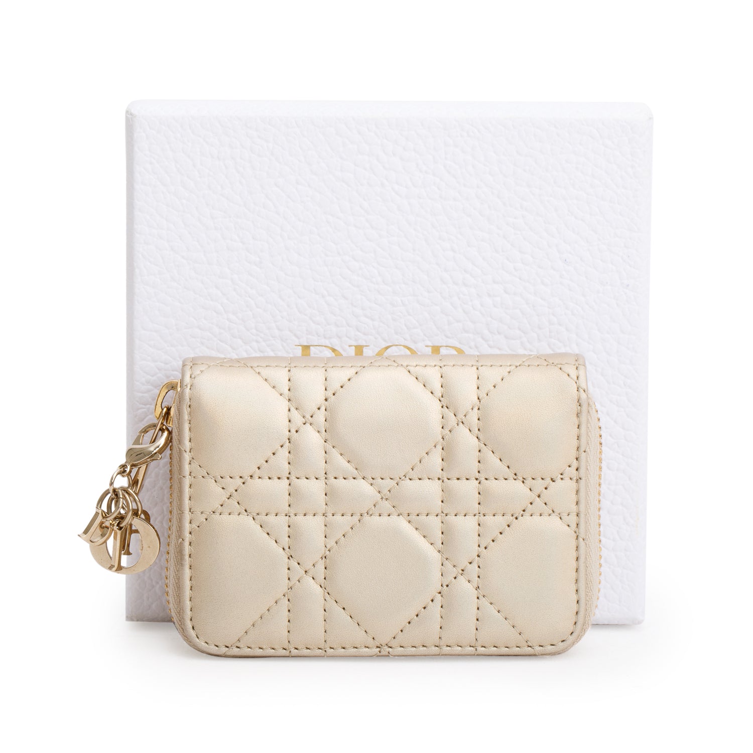 Christian Dior 2023 Iridescent Gold Cannage Lambskin Small Lady Dior Voyageur Coin Purse w/ Box & Receipt