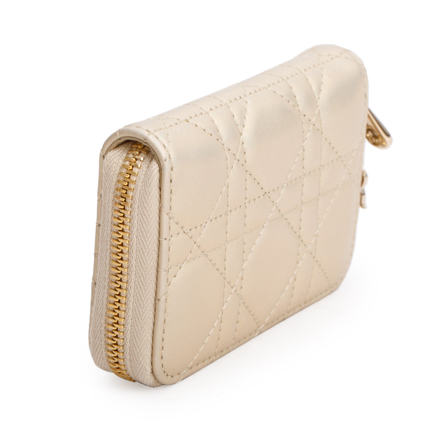 Christian Dior 2023 Iridescent Gold Cannage Lambskin Small Lady Dior Voyageur Coin Purse w/ Box & Receipt