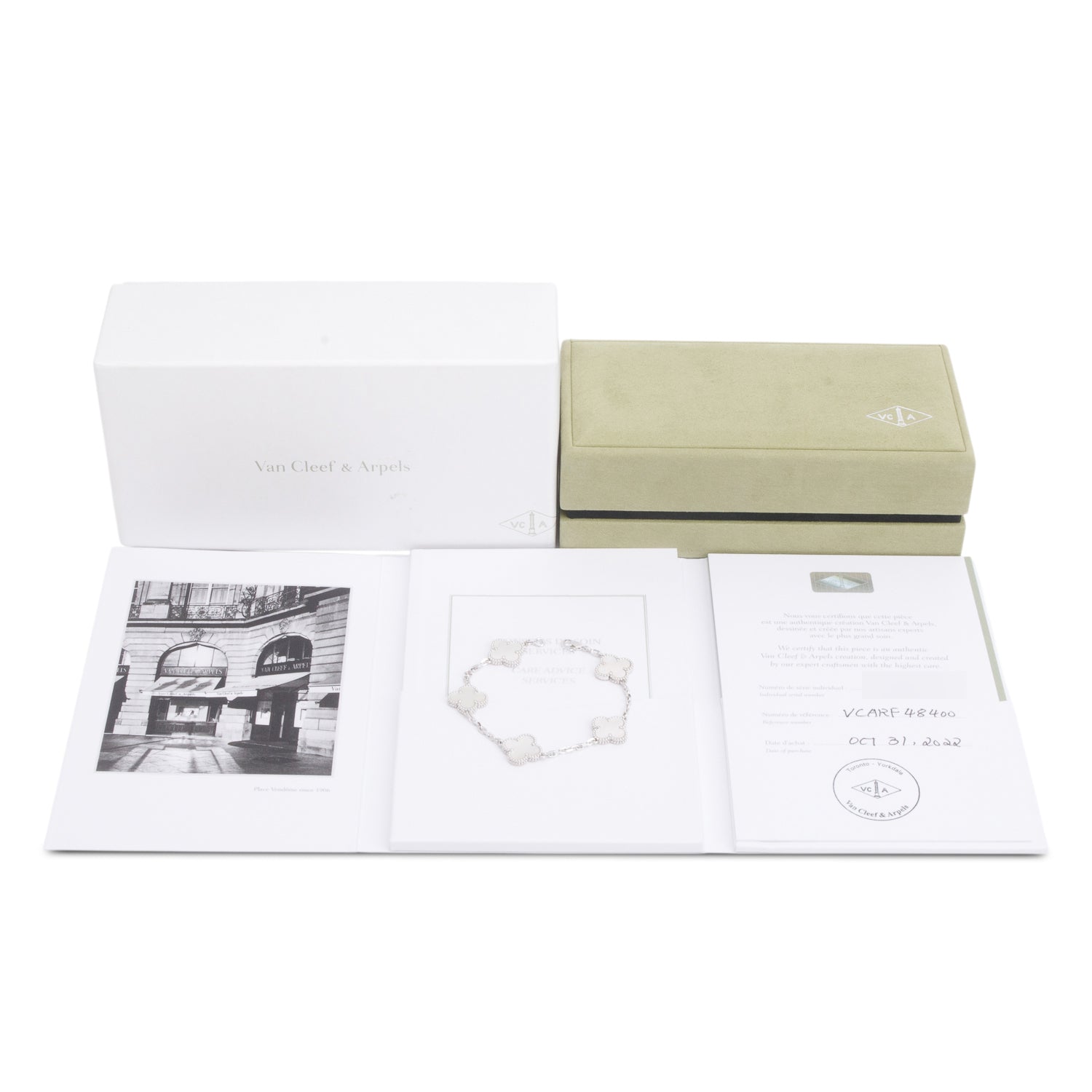 Van Cleef & Arpels 2022 18k White Gold Vintage Alhambra 5 Motif Mother of Pearl Bracelet w/ Box, Receipt & Certificate