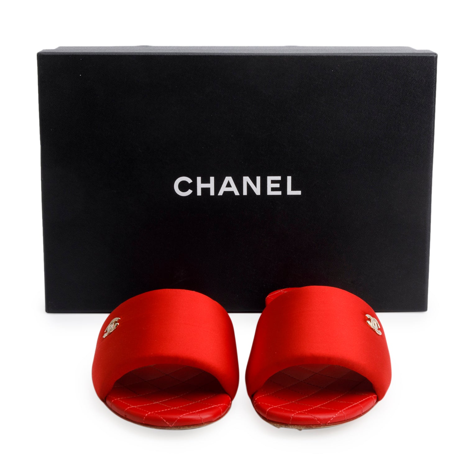 Chanel Red Satin Quilted Calfskin Leather CC Logo Slides, Size 38 w/ Box