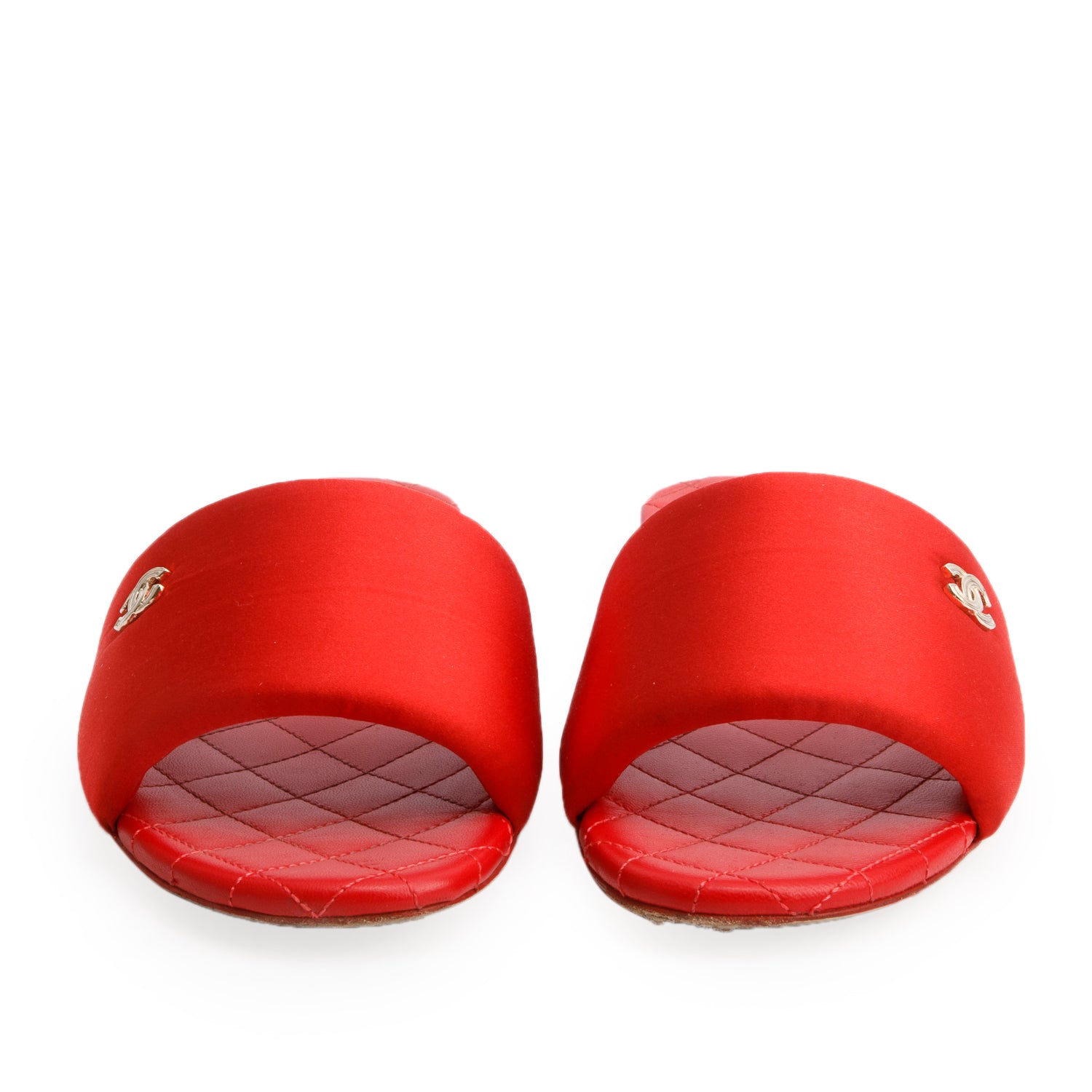 Chanel Red Satin Quilted Calfskin Leather CC Logo Slides, Size 38 w/ Box
