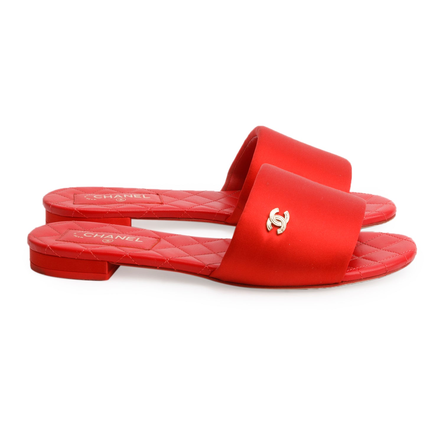 Chanel Red Satin Quilted Calfskin Leather CC Logo Slides, Size 38 w/ Box