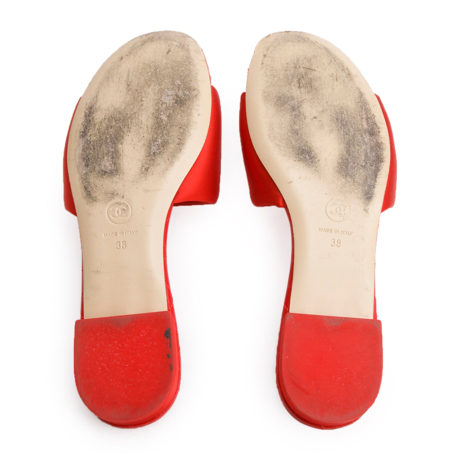 Chanel Red Satin Quilted Calfskin Leather CC Logo Slides, Size 38 w/ Box