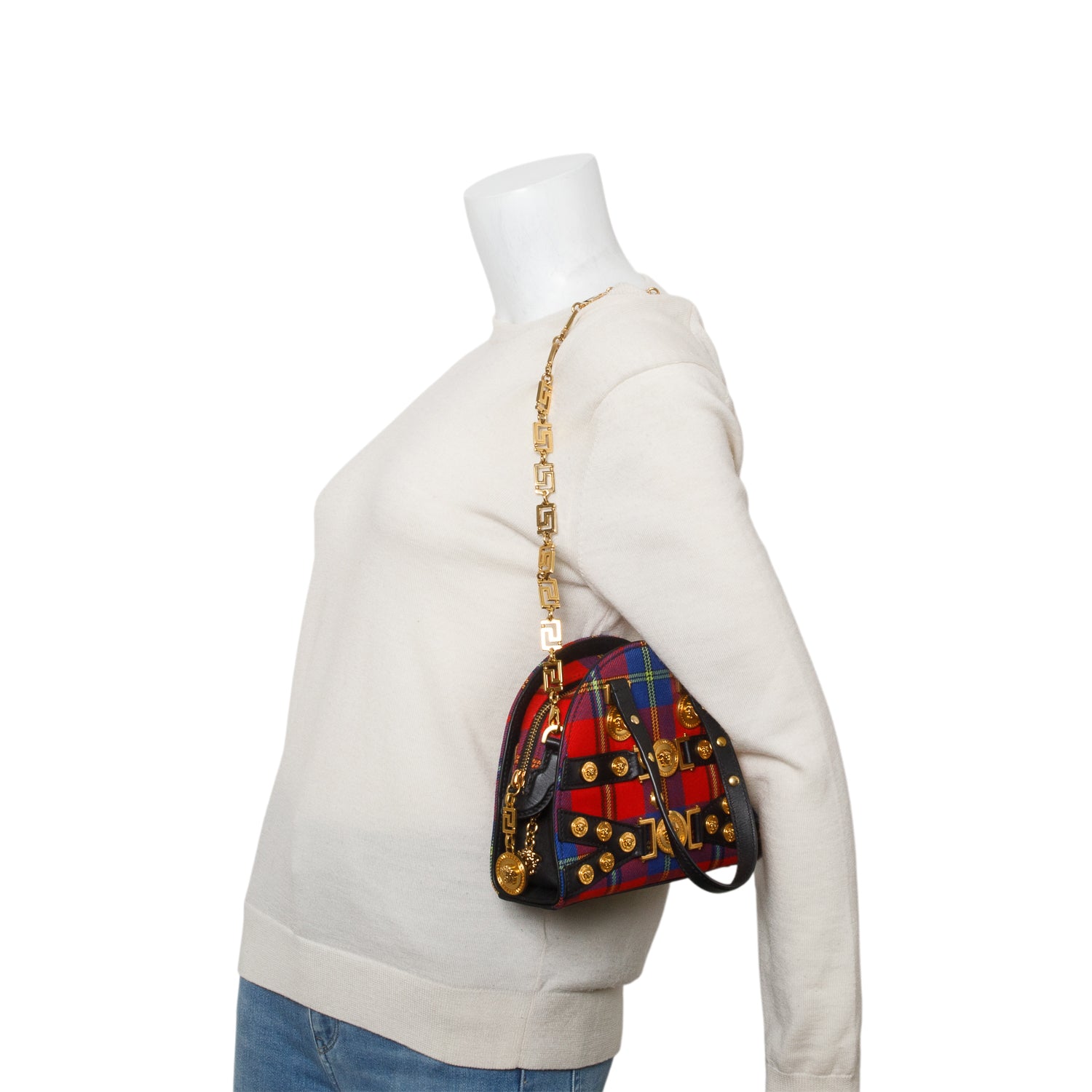 Versace Blue/Red Tartan Tribute Medallion Bag w/ Chain Strap