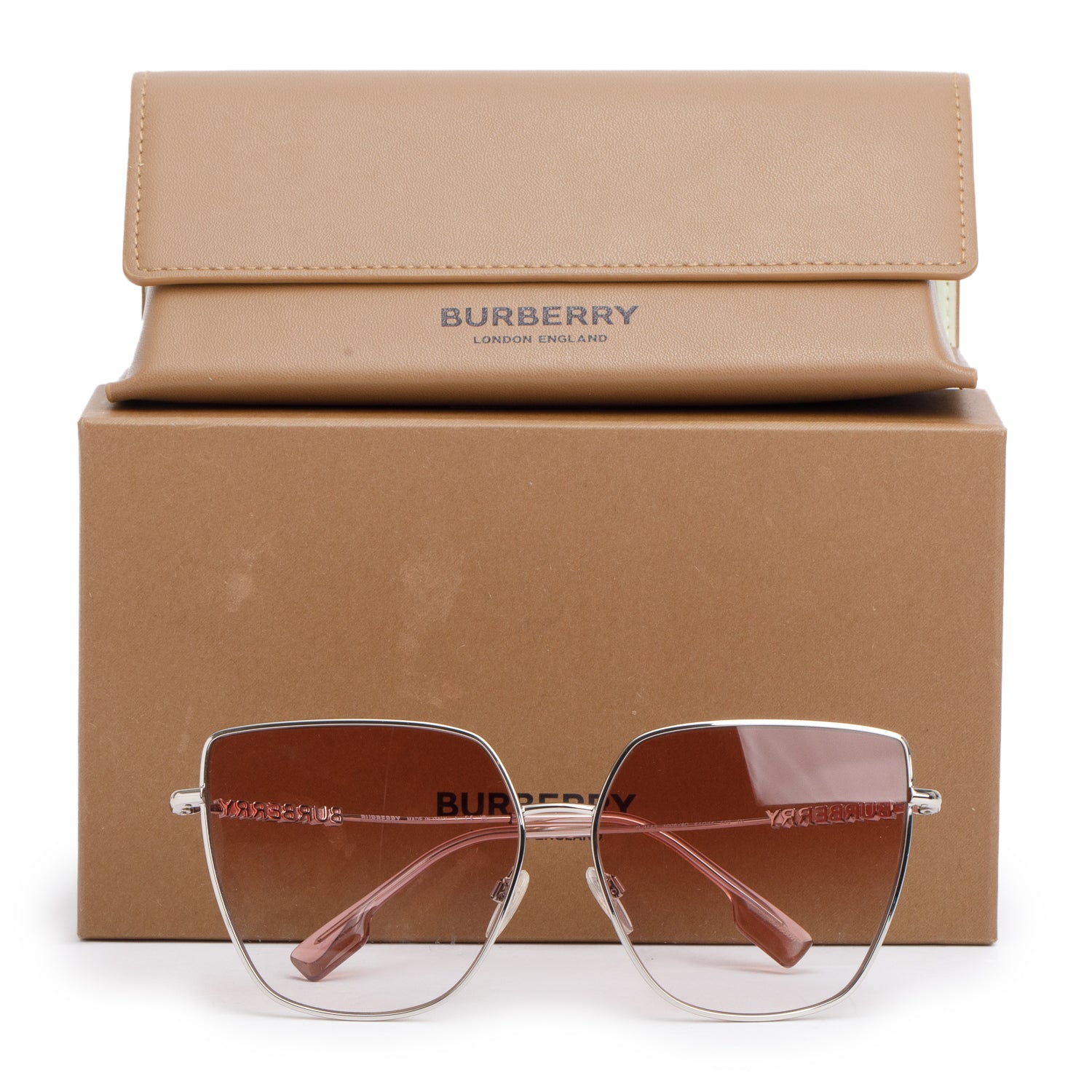 Burberry B 3143 Gold-Tone/Pink Square Daphne Sunglasses w/ Box & Case