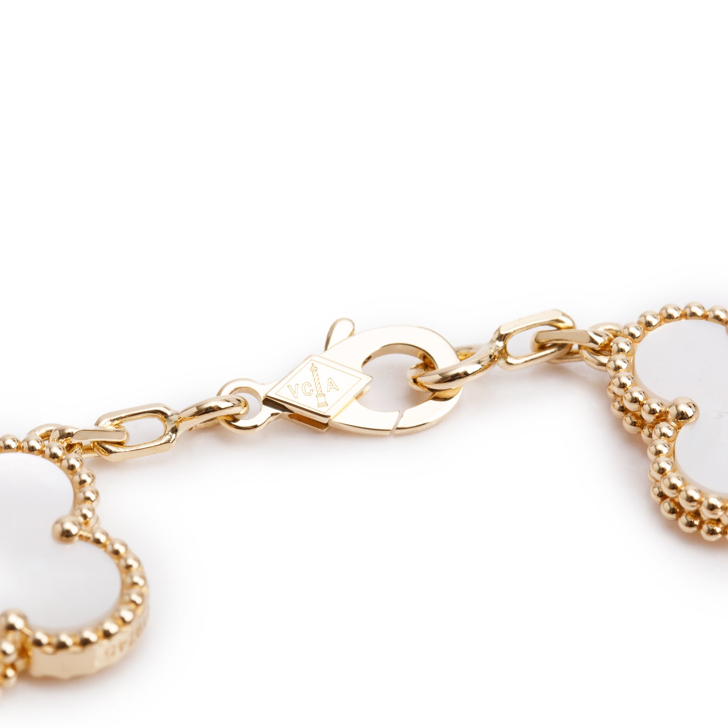 Van Cleef & Arpels 2024 18k Yellow Gold Vintage Alhambra 5 Motif Mother of Pearl Bracelet w/ Pouch & Certificate