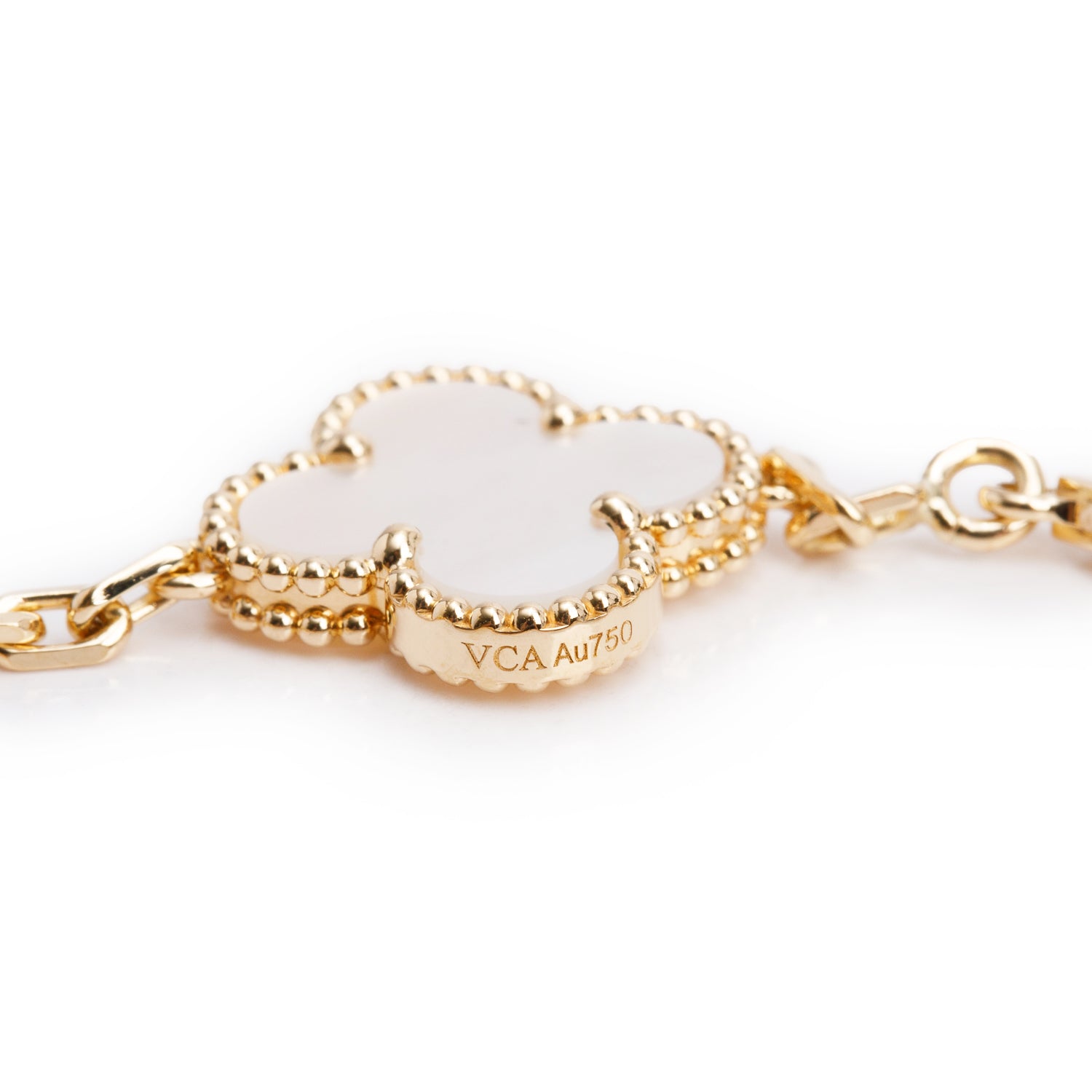 Van Cleef & Arpels 2024 18k Yellow Gold Vintage Alhambra 5 Motif Mother of Pearl Bracelet w/ Pouch & Certificate