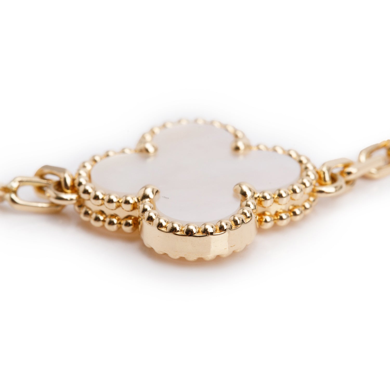 Van Cleef & Arpels 2024 18k Yellow Gold Vintage Alhambra 5 Motif Mother of Pearl Bracelet w/ Pouch & Certificate