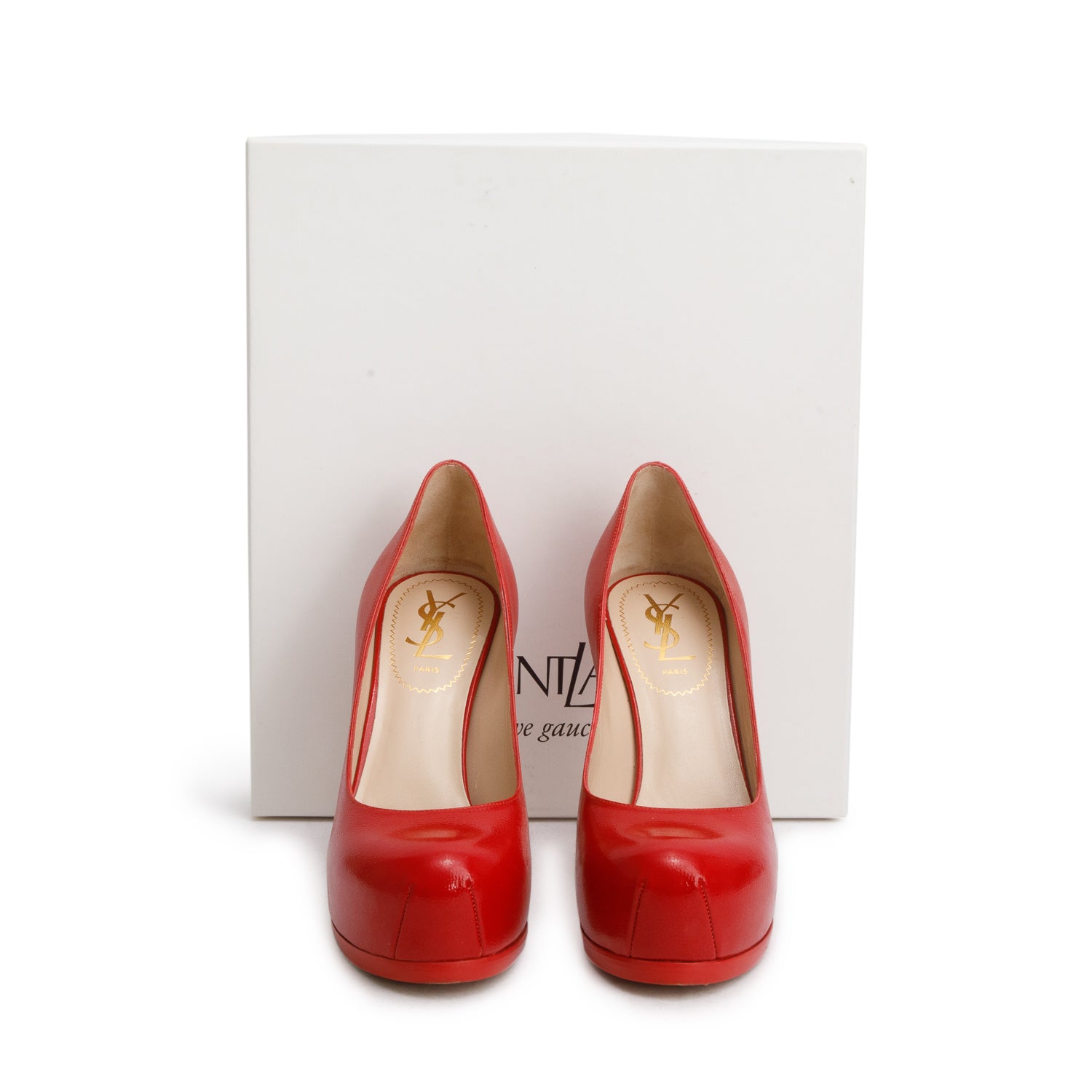 Saint Laurent Red Grained Vernis Leather Tribute Platform Pumps, Size 35.5 w/ Box