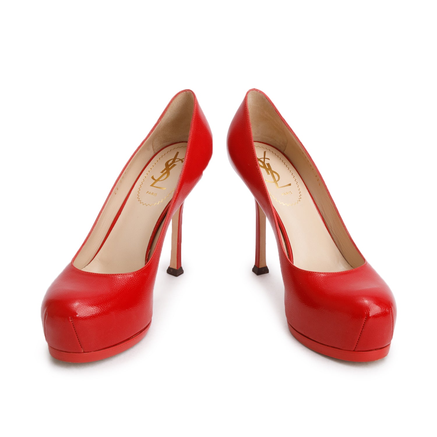 Saint Laurent Red Grained Vernis Leather Tribute Platform Pumps, Size 35.5 w/ Box