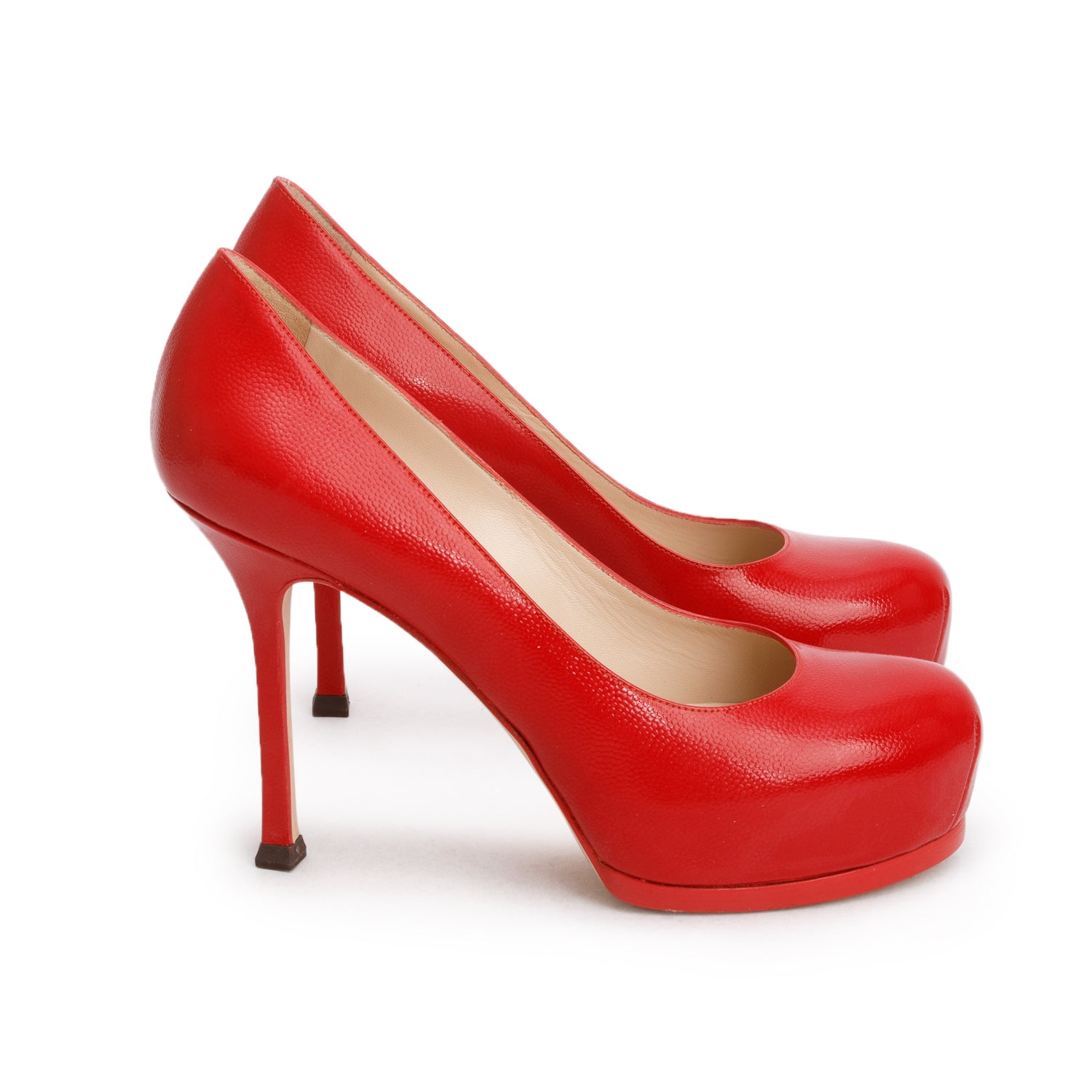 Saint Laurent Red Grained Vernis Leather Tribute Platform Pumps, Size 35.5 w/ Box