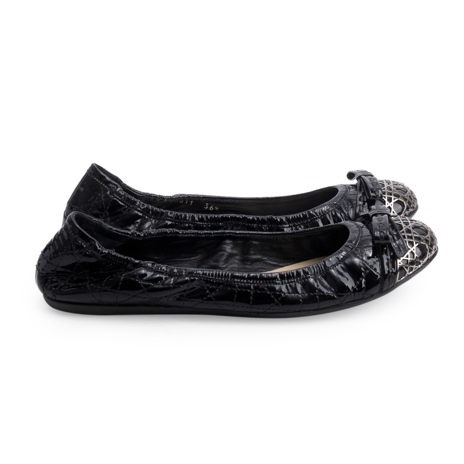 Christian Dior Black Patent Leather Icon Cannage Ballerine Flats, Size 36.5 w/ Box