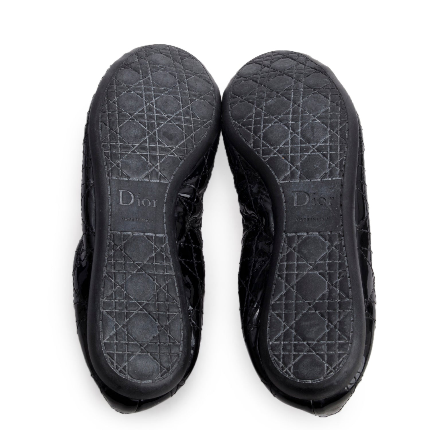 Christian Dior Black Patent Leather Icon Cannage Ballerine Flats, Size 36.5 w/ Box