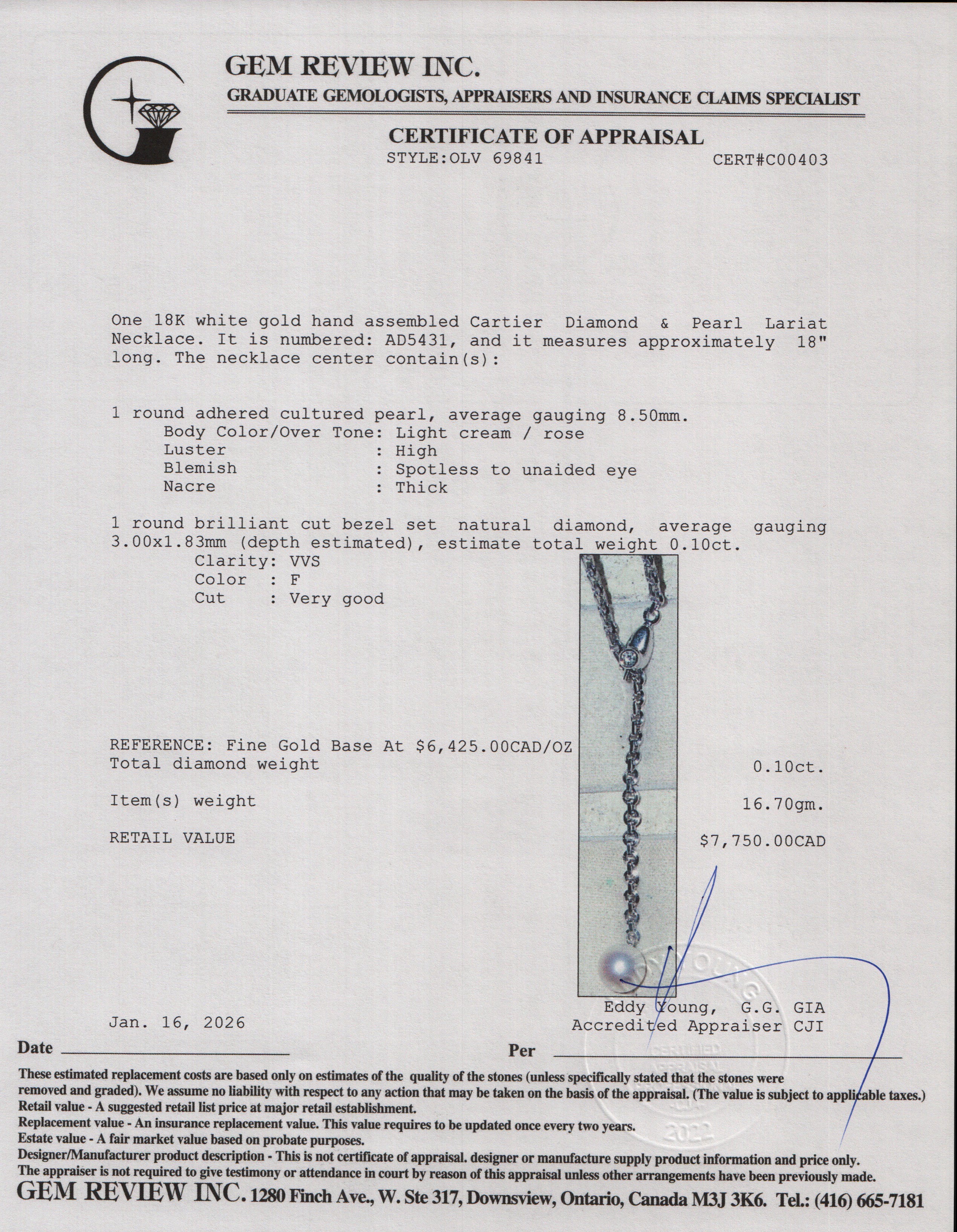 Cartier Vintage 18k White Gold Diamond & Pearl Lariat Necklace