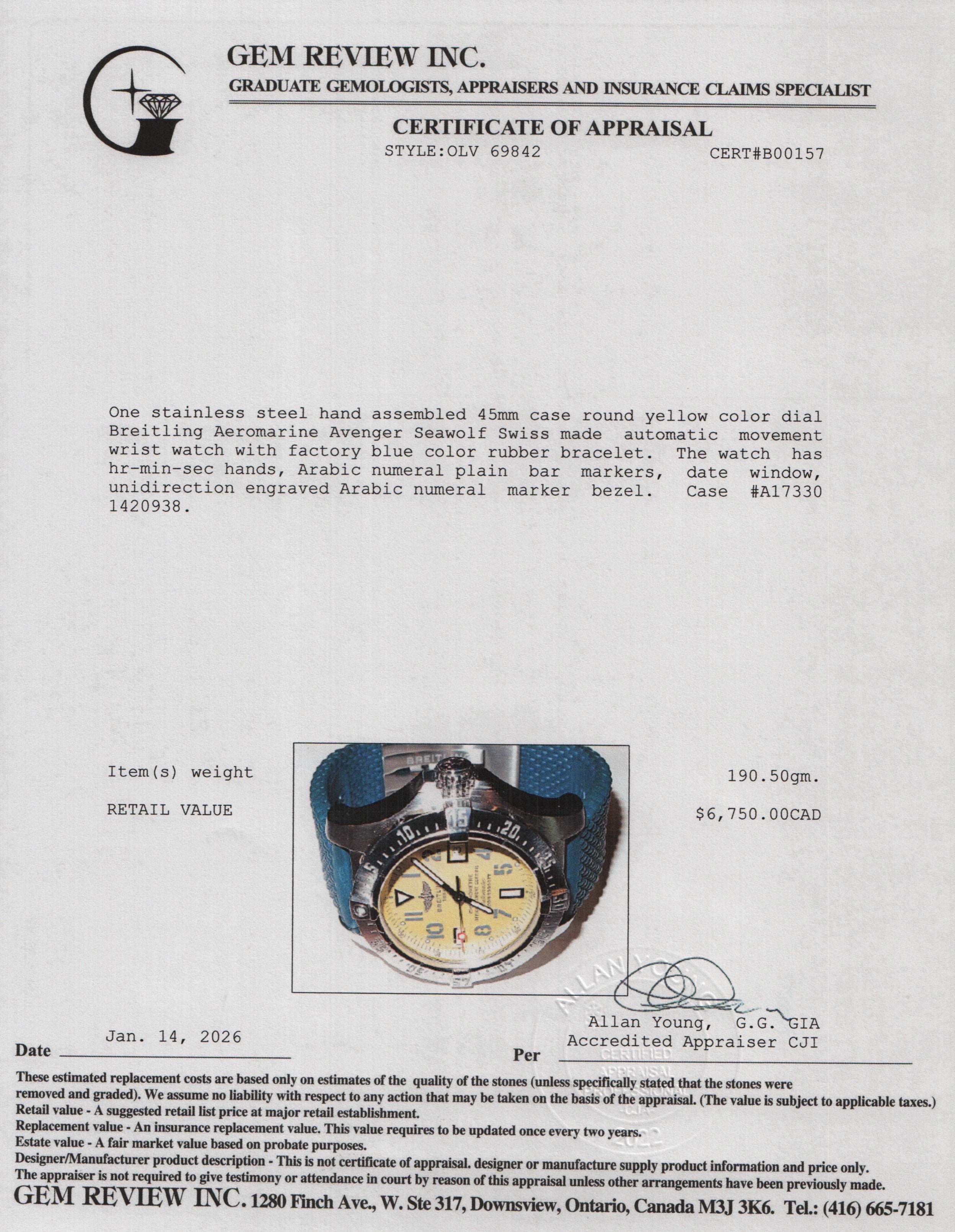 Breitling Stainless Steel Aeromarine Avenger Seawolf 45 MM Automatic Watch Yellow Dial A17330 w/ Case & Papers
