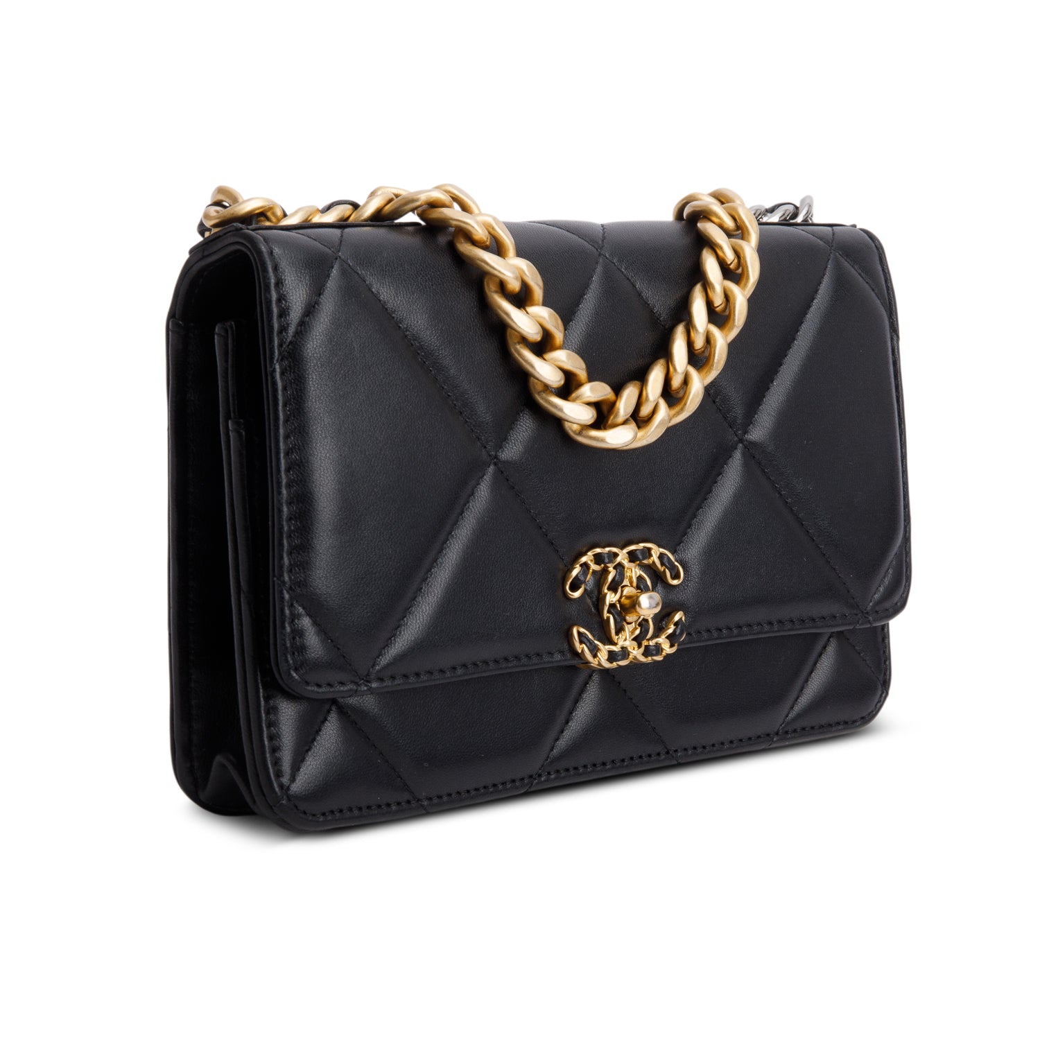 Chanel Black Quilted Lambskin Leather 19 Wallet On Chain w/ Box