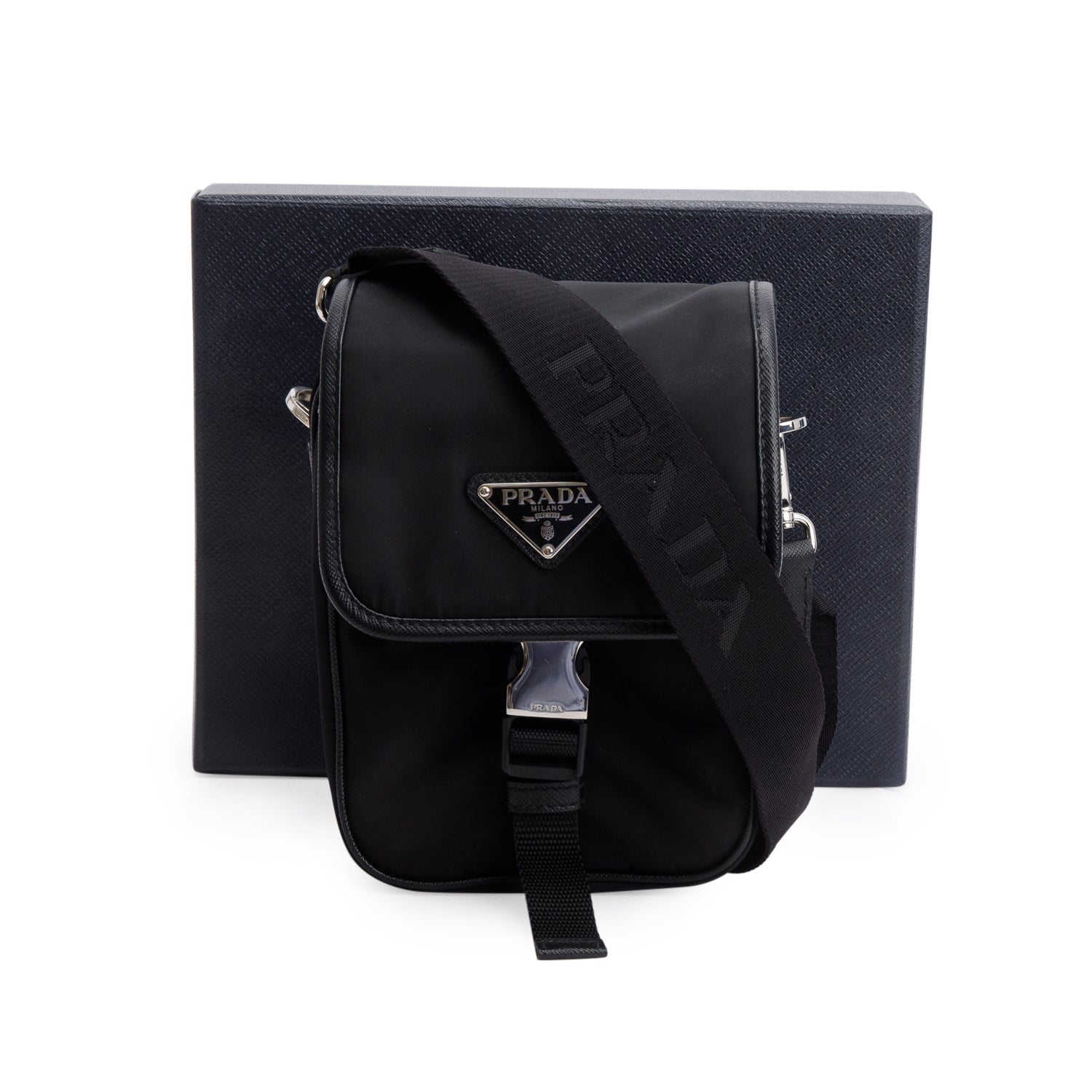 Prada Black Re-Nylon Saffiano Mini Pocket Single Snap Buckle Messenger Bag w/ Box