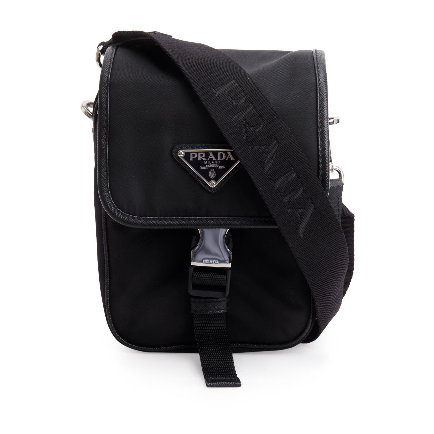 Prada Black Re-Nylon Saffiano Mini Pocket Single Snap Buckle Messenger Bag w/ Box