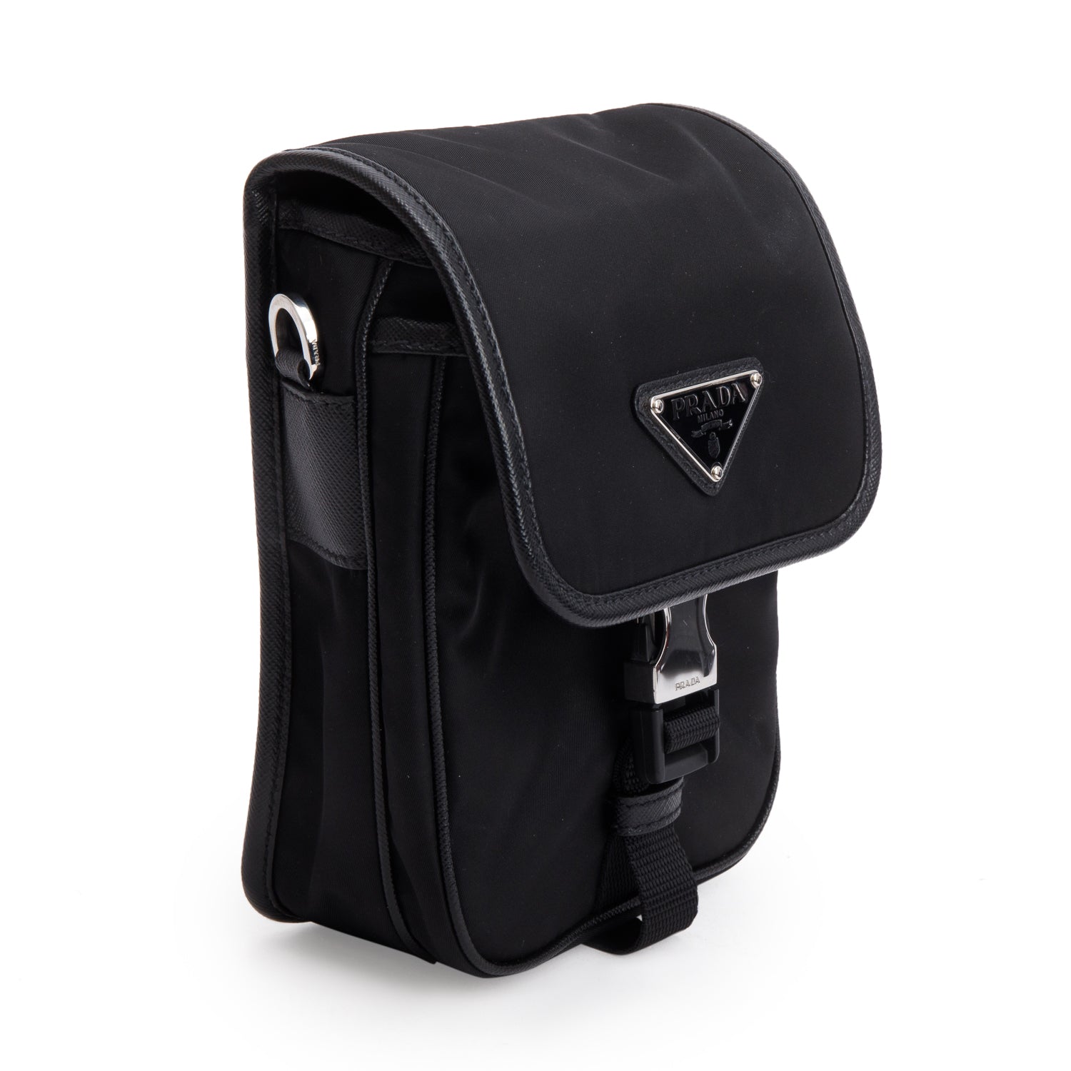 Prada Black Re-Nylon Saffiano Mini Pocket Single Snap Buckle Messenger Bag w/ Box