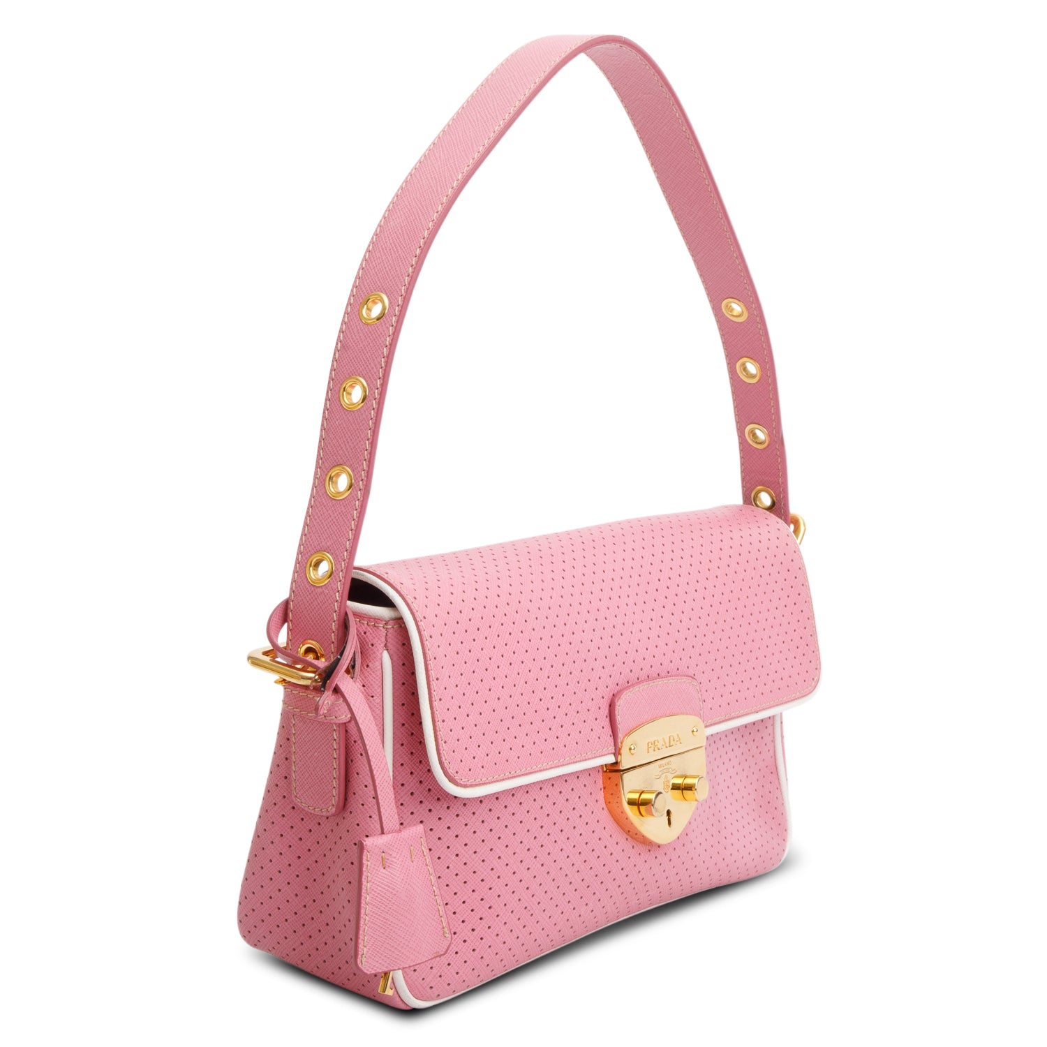 Prada Pink Perforated Saffiano Leather Fori Baguette Bag