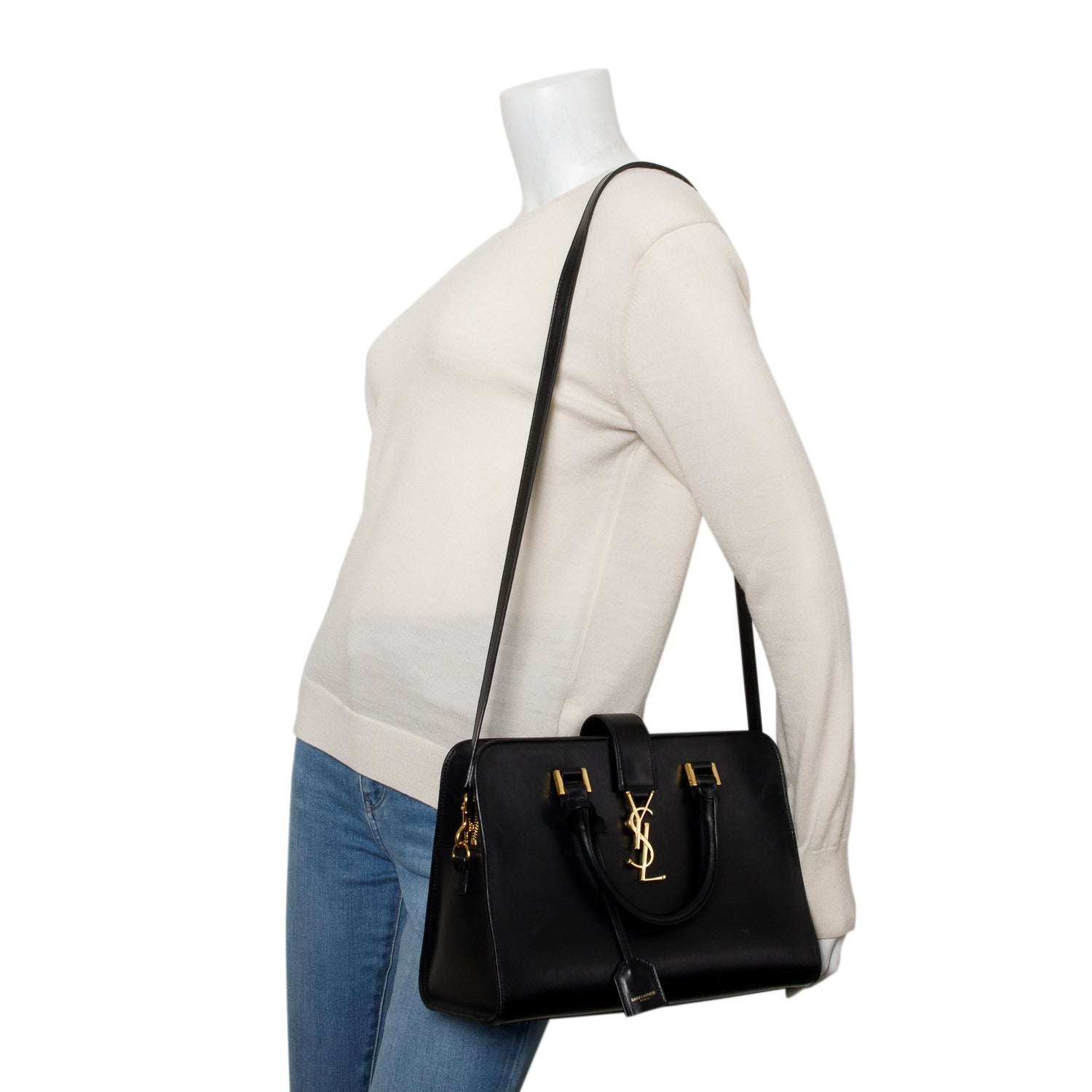 Saint Laurent Black Calfskin Leather Baby Cabas Tote Bag w/ Strap