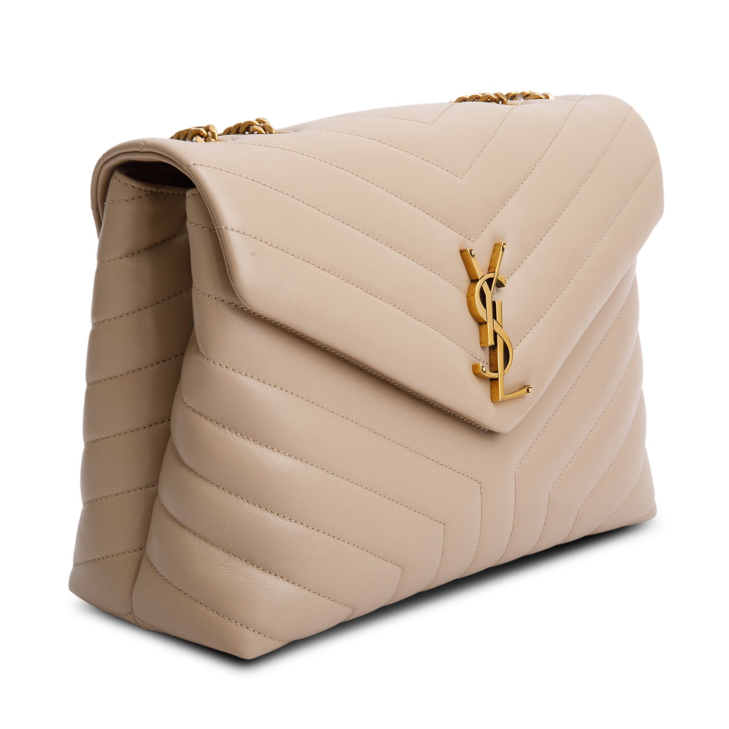 Saint Laurent 2022 Beige Calfskin Y Quilted Monogram Medium Loulou Chain Satchel w/ Box