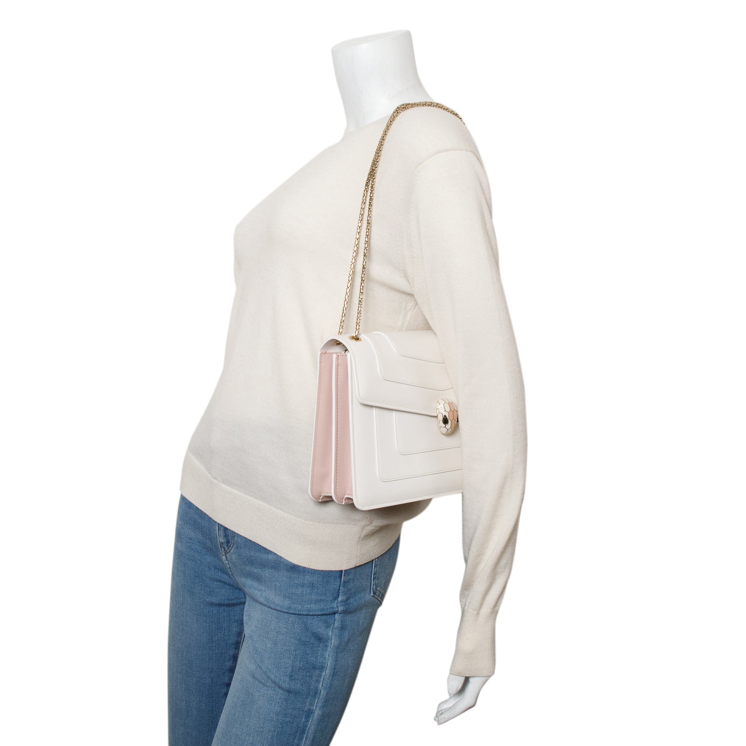 BVLGARI White/Pink Calfskin Leather Medium Serpenti Forever Bag w/ Box, Receipt & Authenticity Card