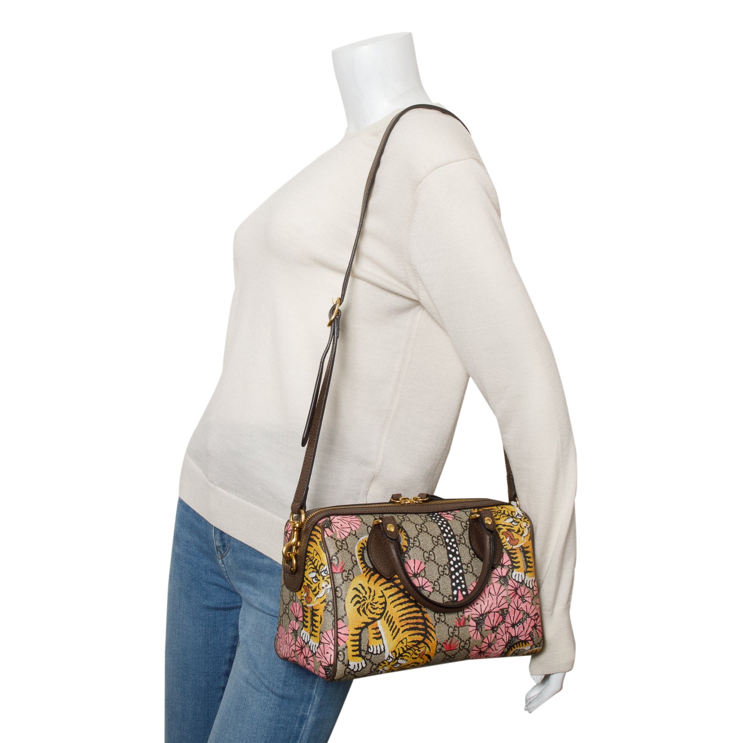 Gucci GG Supreme Monogram Bengal Web Small Boston Bag w/ Strap