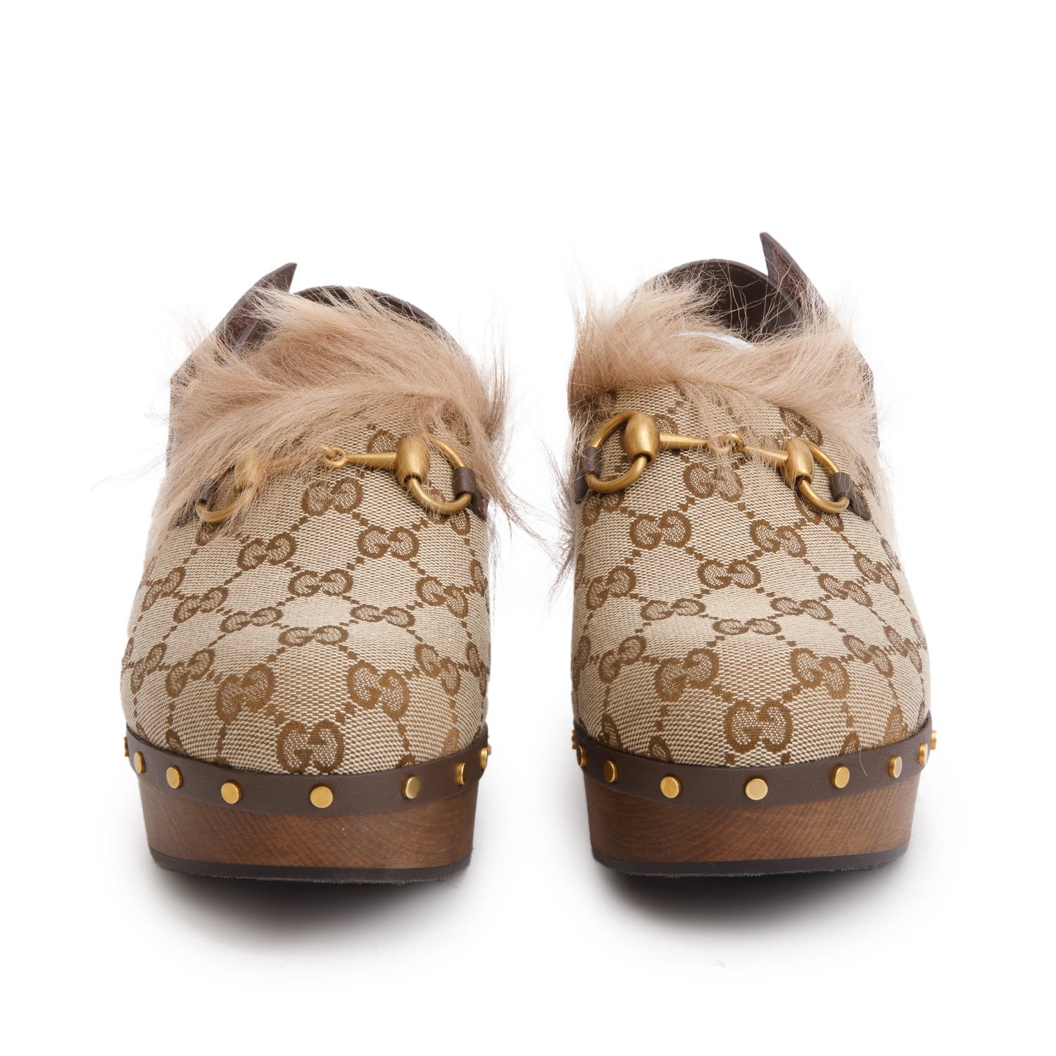 Gucci GG Supreme Monogram Fur Horsebit Amstel Slingback Clogs, Size 38.5 w/ Bix