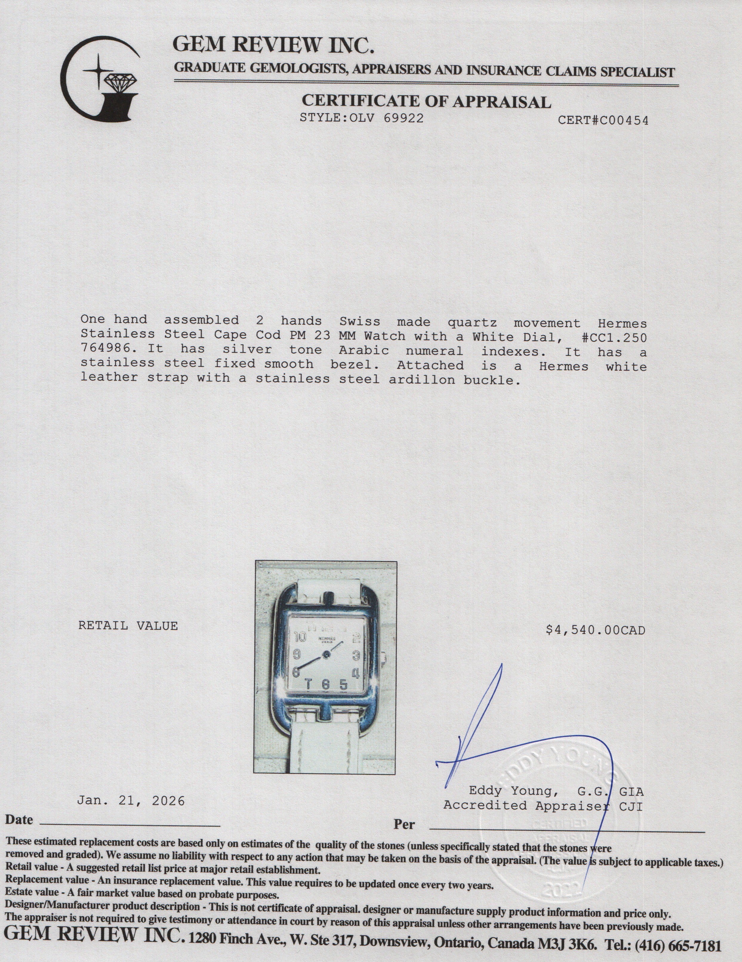 Hermes Stainless Steel Cape Cod PM 23 MM Watch, White Dial