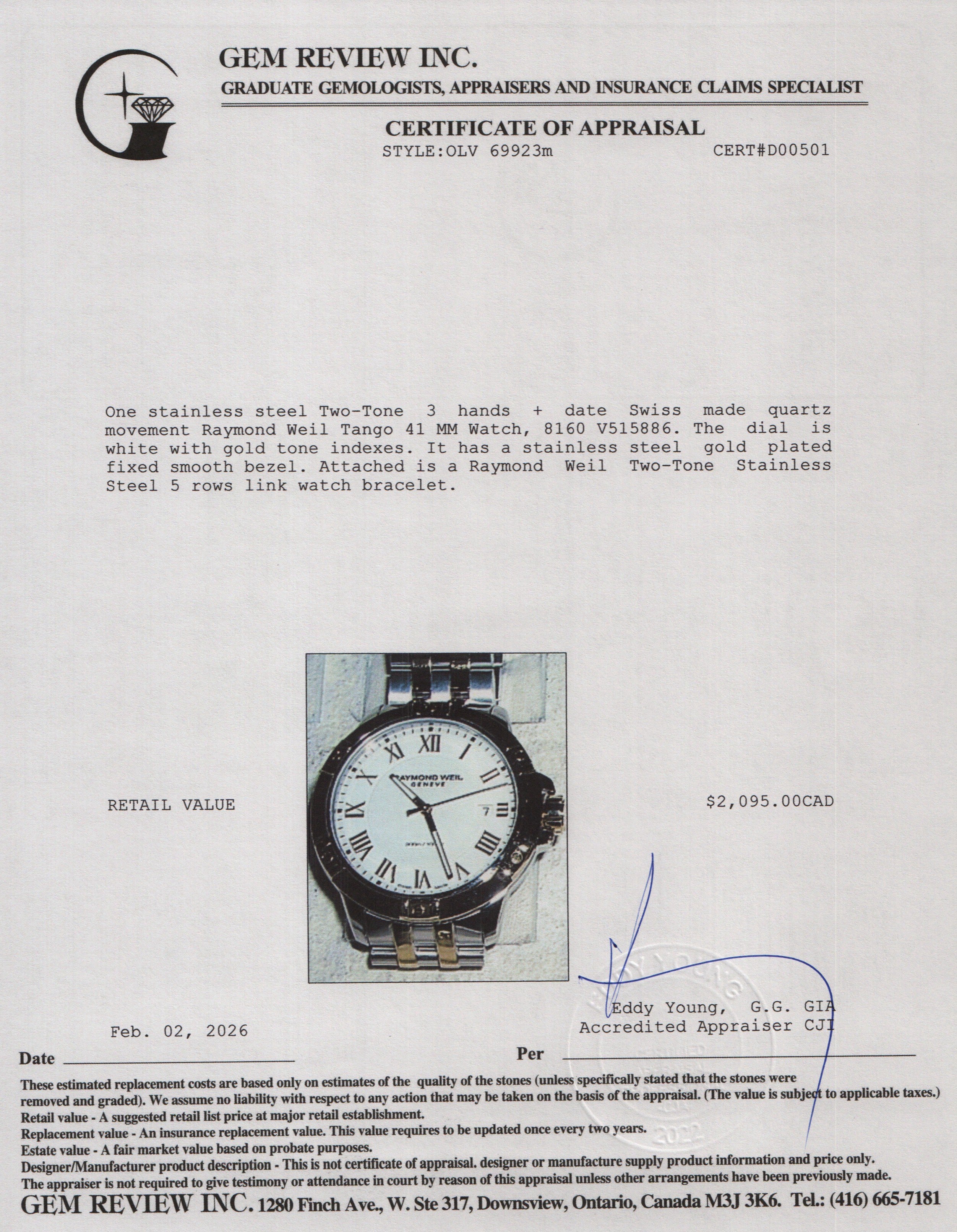 Raymond Weil Two-Tone Stainless Steel Tango Classic 41 MM Watch, White Dial 8160