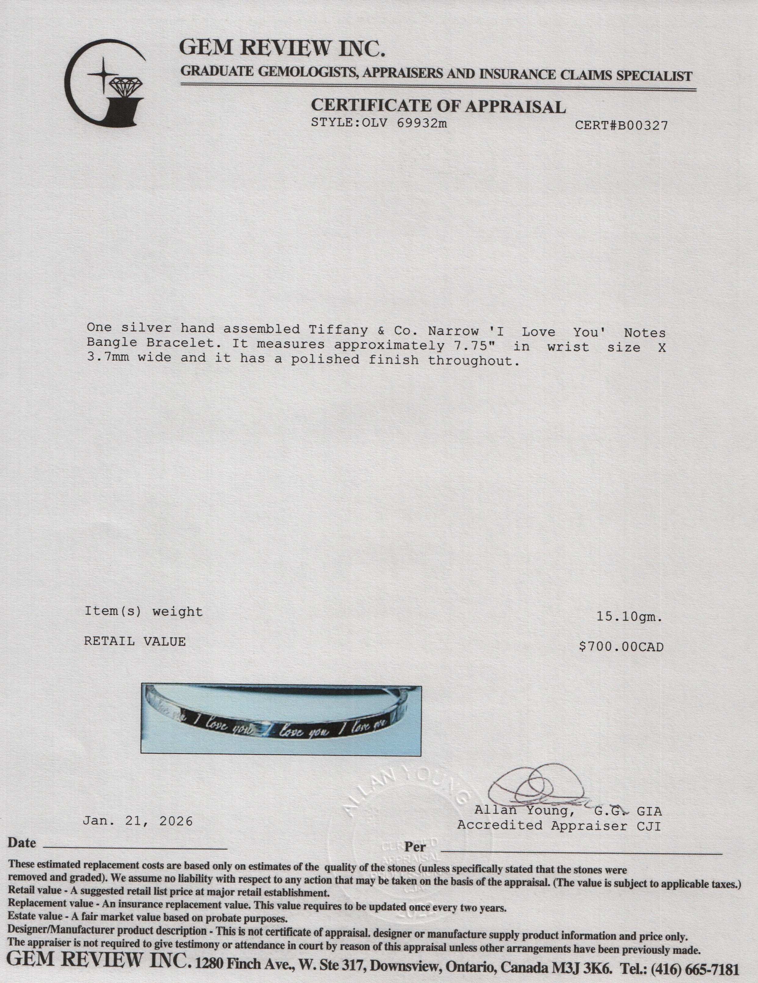 Tiffany & Co. Sterling Silver Narrow 'I Love You' Notes Bangle Bracelet