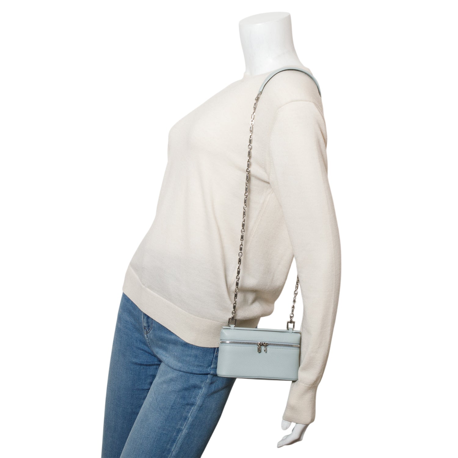 Loro Piana 2025 Blue Grained Calfskin Leather Extra Pocket Mini Pouch w/ Strap, Box & Receipt