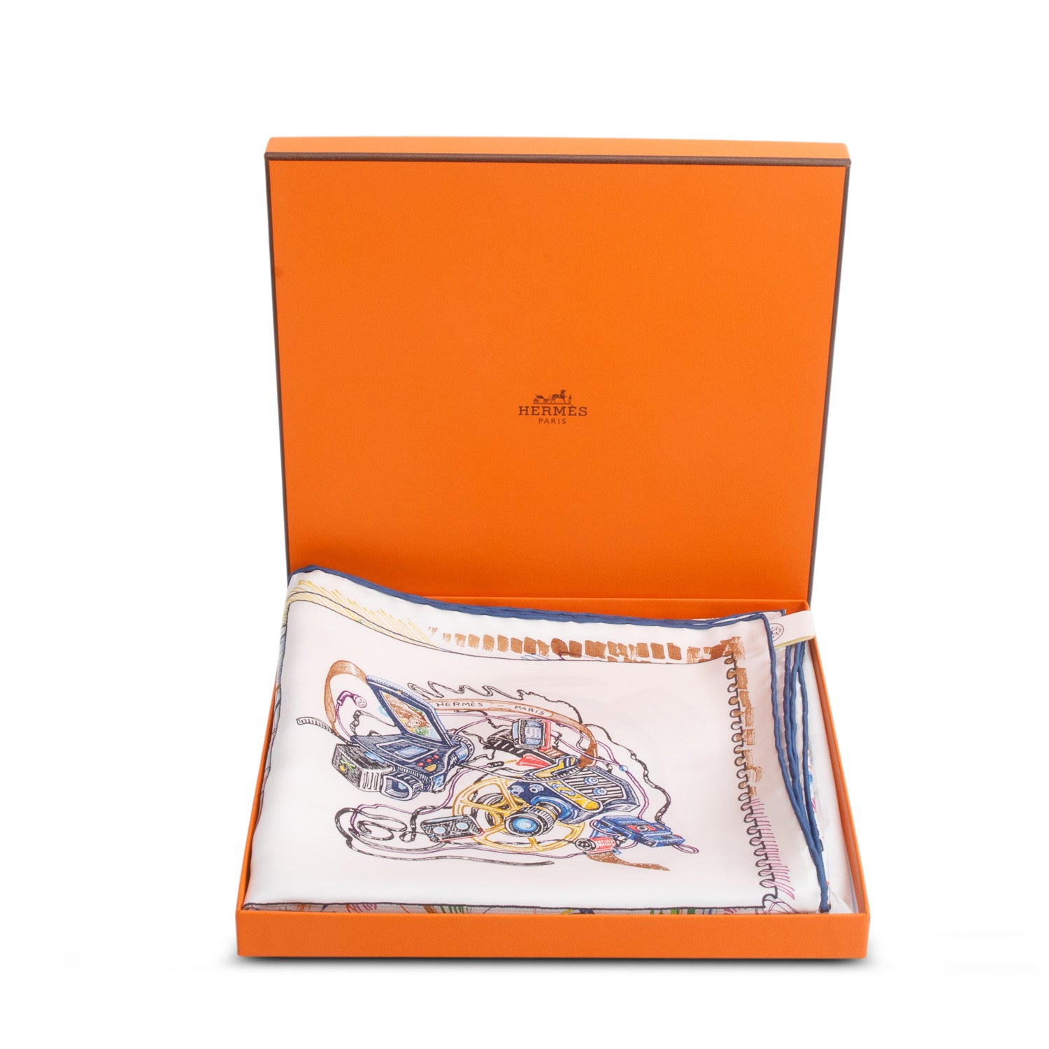 Hermes White/Navy 'Chevaloscope' Silk Scarf 90 w/ Box
