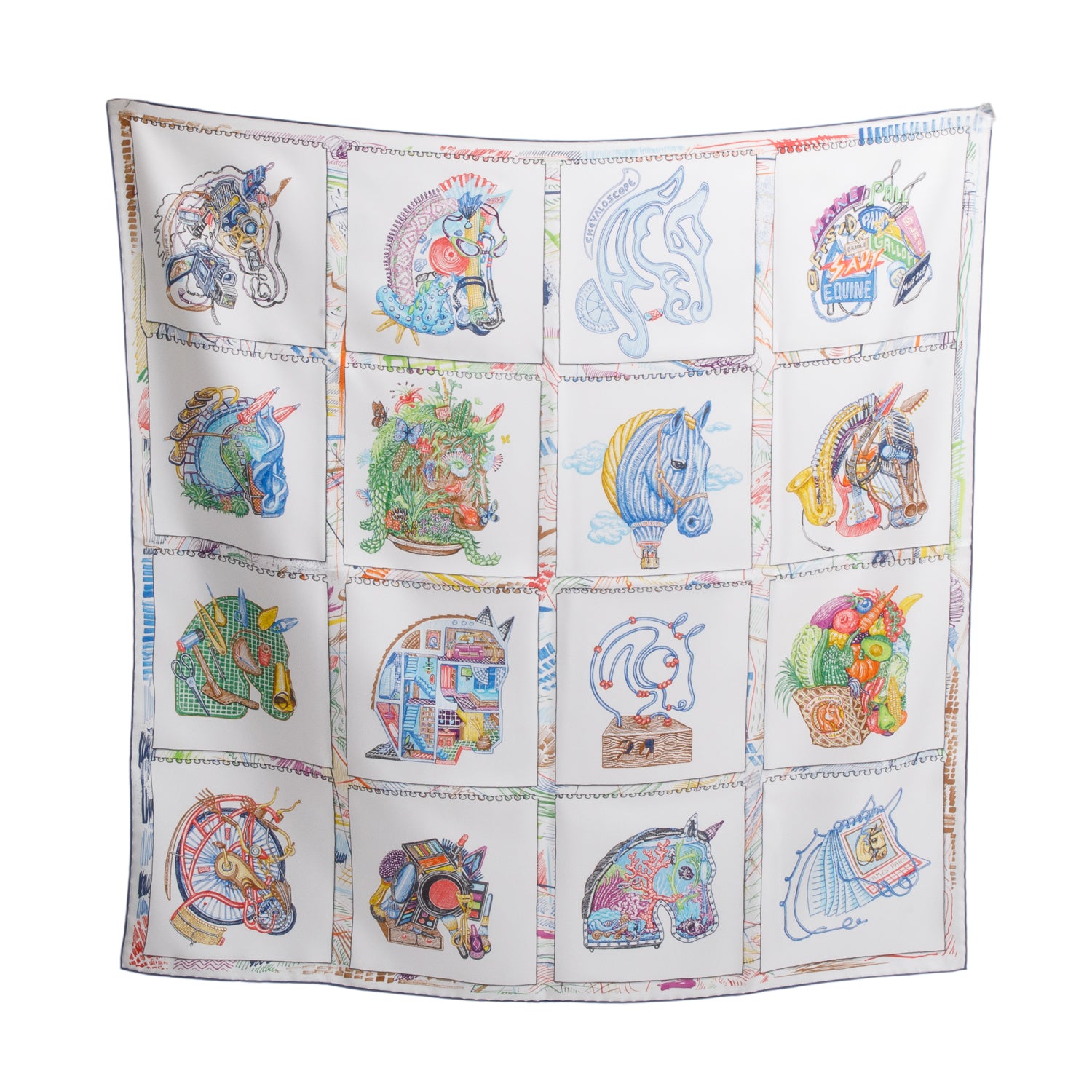 Hermes White/Navy 'Chevaloscope' Silk Scarf 90 w/ Box