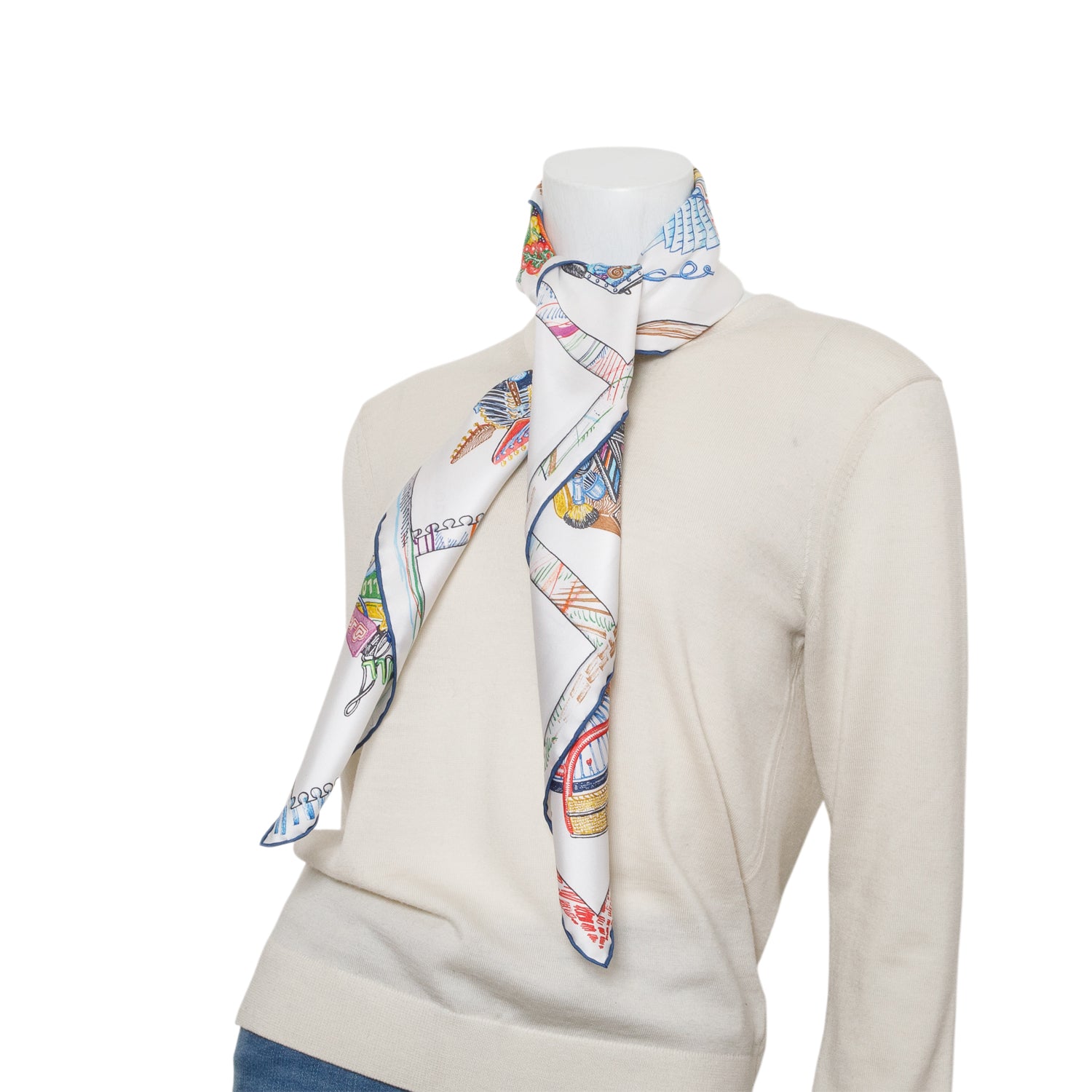 Hermes White/Navy 'Chevaloscope' Silk Scarf 90 w/ Box
