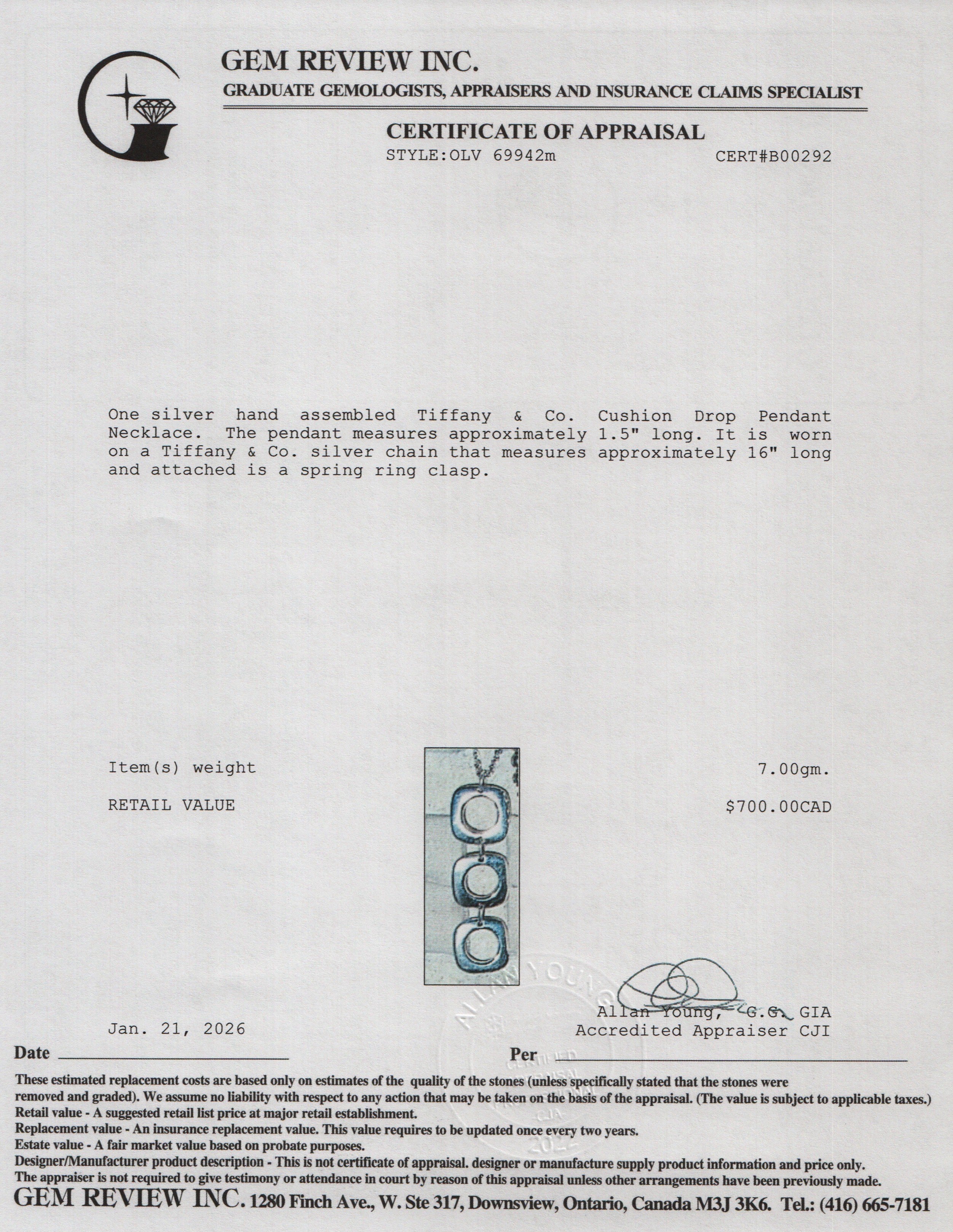 Tiffany & Co. Sterling Silver Cushion Drop Pendant Necklace