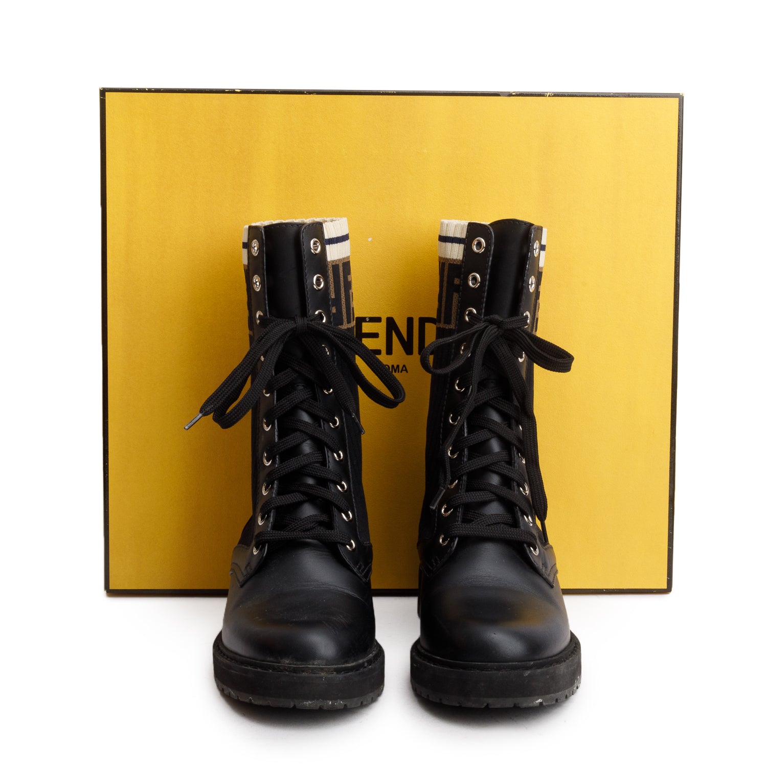 Fendi 2024 Black Calfskin Stretch Fabric Rockoko Biker Boots, Size 36 w/ Box & Receipt