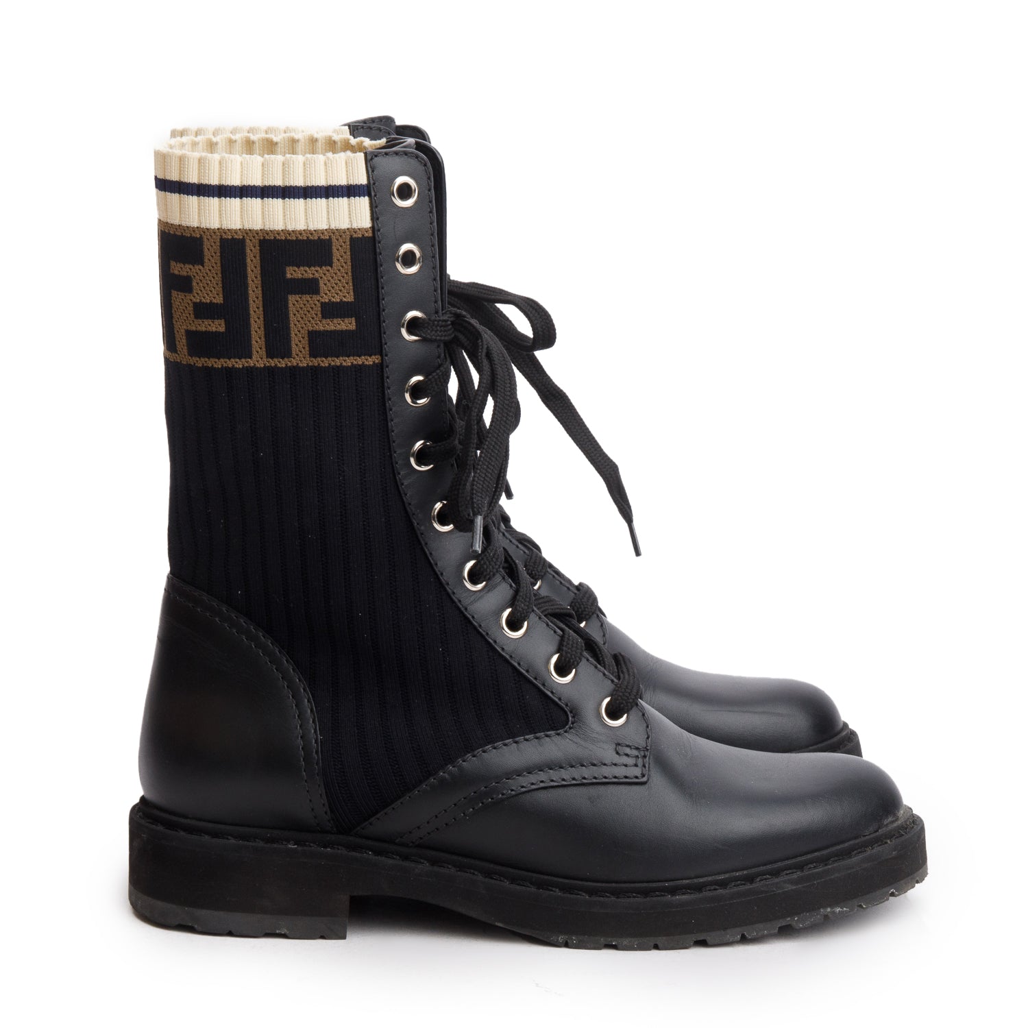 Fendi 2024 Black Calfskin Stretch Fabric Rockoko Biker Boots, Size 36 w/ Box & Receipt