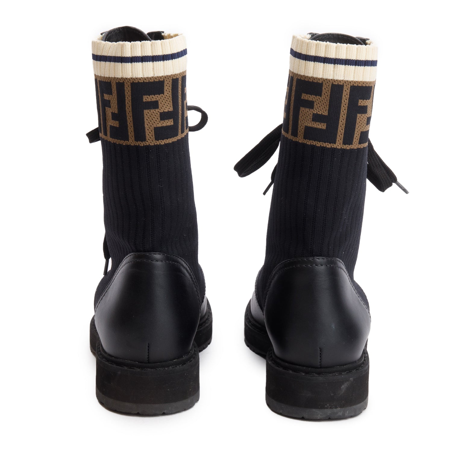 Fendi 2024 Black Calfskin Stretch Fabric Rockoko Biker Boots, Size 36 w/ Box & Receipt