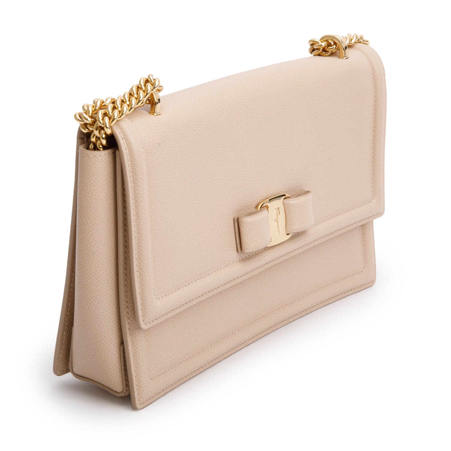 Ferragamo Beige Printed Calfskin Ginny Shoulder Bag