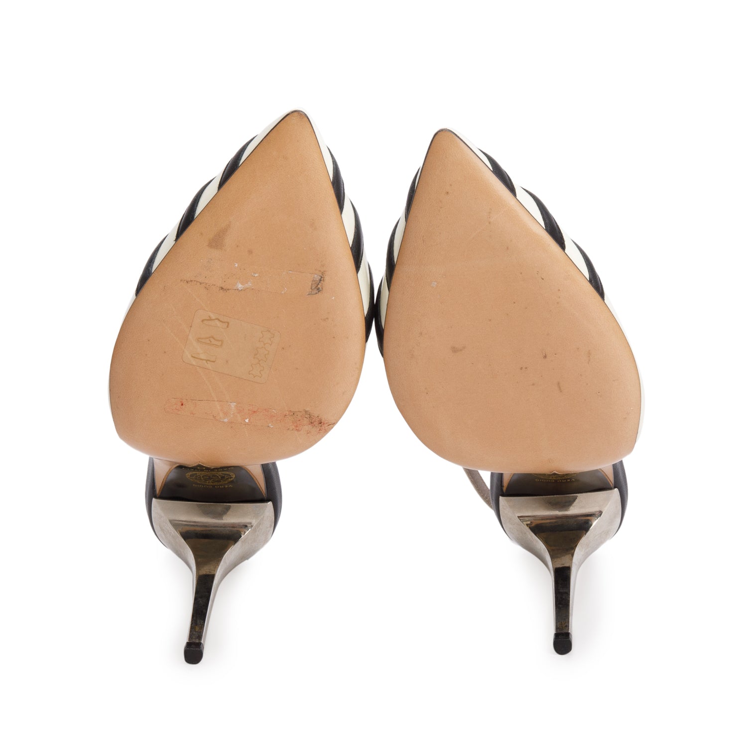 Versace Cream Patent Leather Black Striped Calfskin Slingback Heels, Size 40